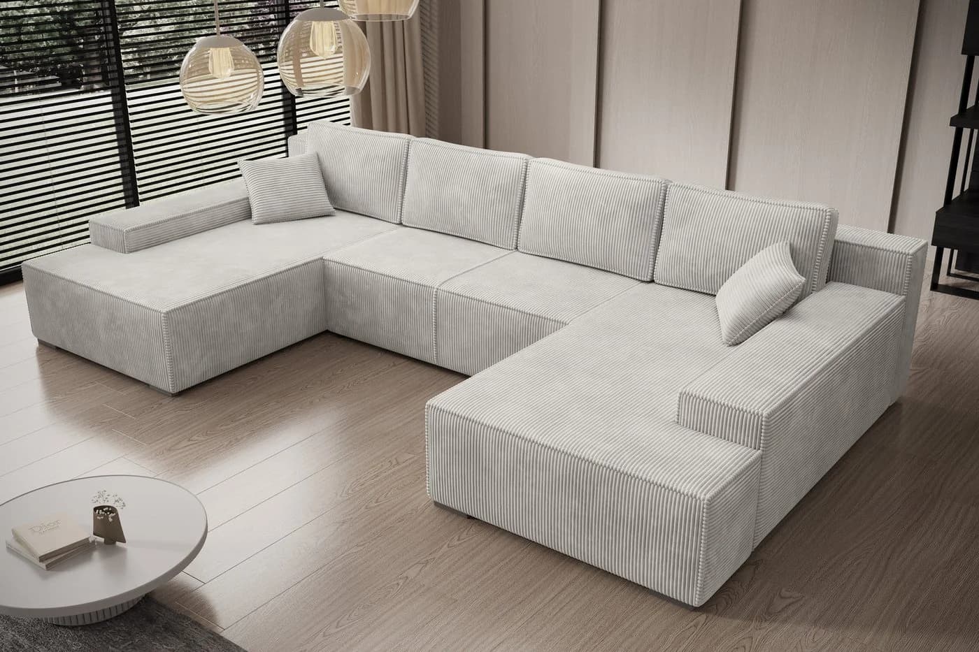 PROMETO Möbel Ecksofa U-Form mit Schlaffunktion und Bettkasten, Beige Cordstoff