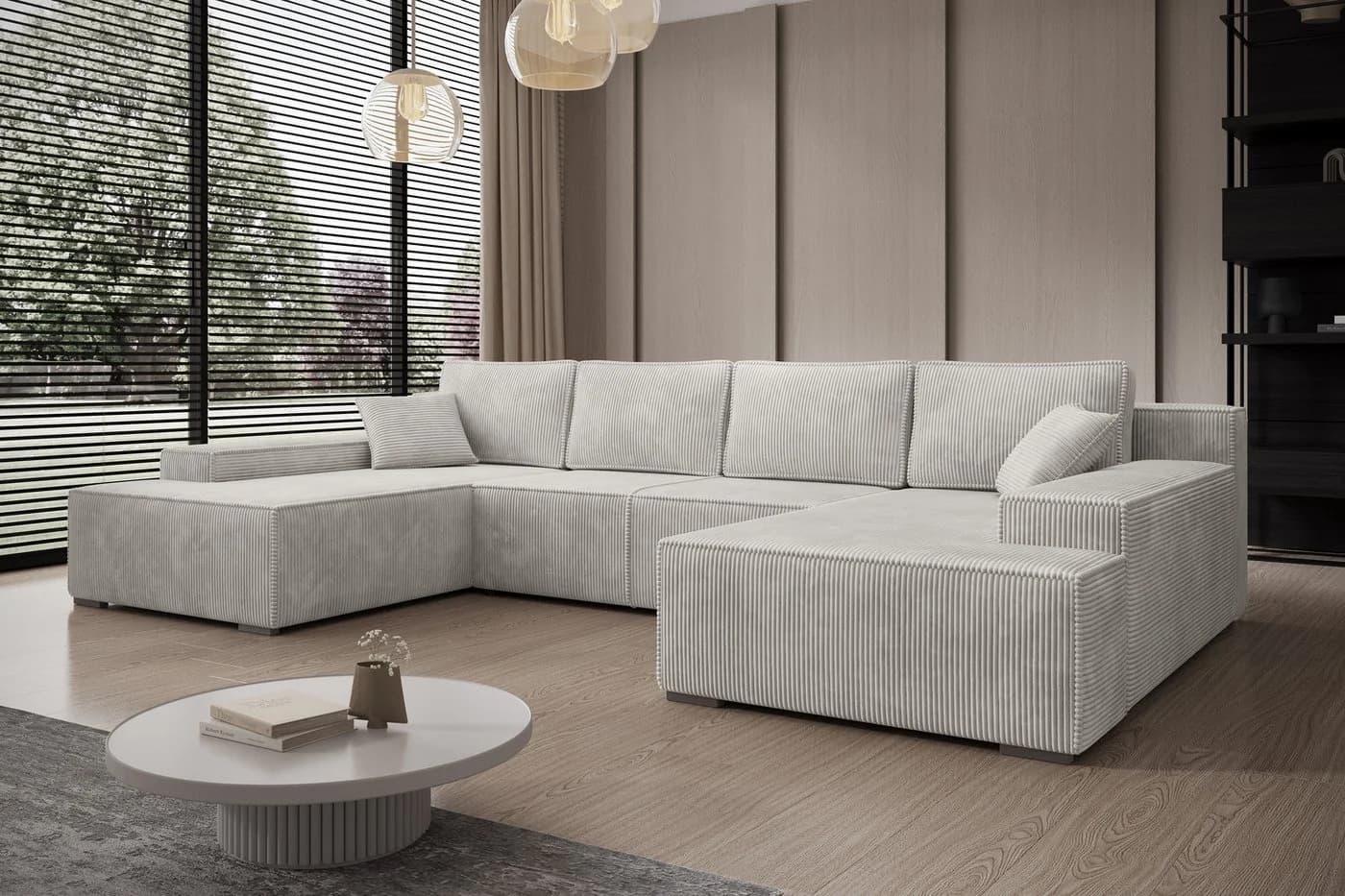 PROMETO Möbel Ecksofa U-Form mit Schlaffunktion und Bettkasten, Beige Cordstoff - Bild 2