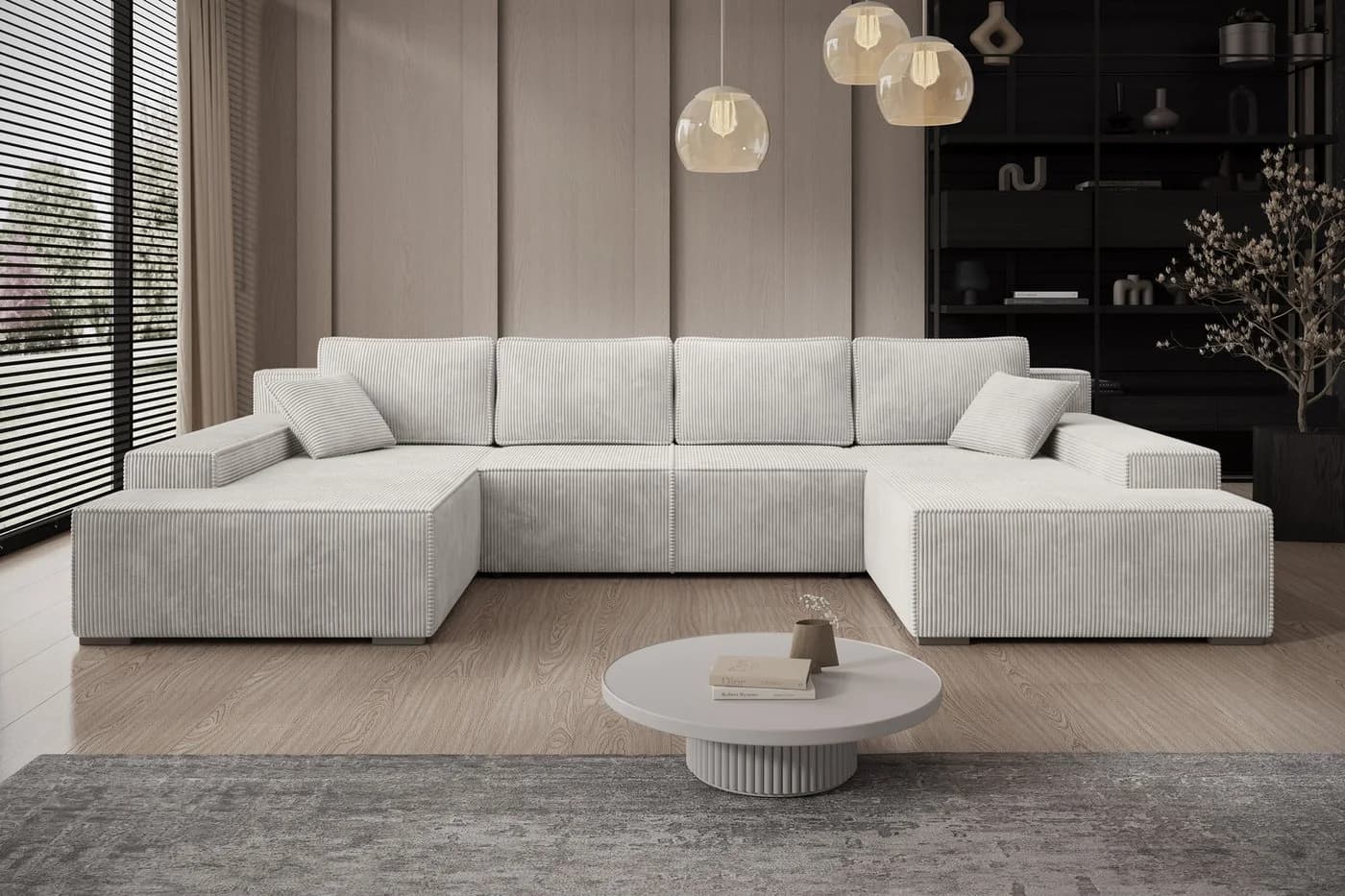 PROMETO Möbel Ecksofa U-Form mit Schlaffunktion und Bettkasten, Beige Cordstoff - Bild 3