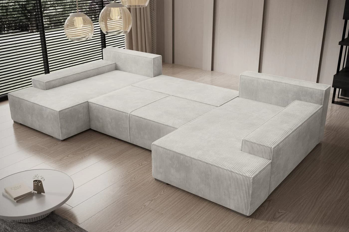 PROMETO Möbel Ecksofa U-Form mit Schlaffunktion und Bettkasten, Beige Cordstoff - Bild 4