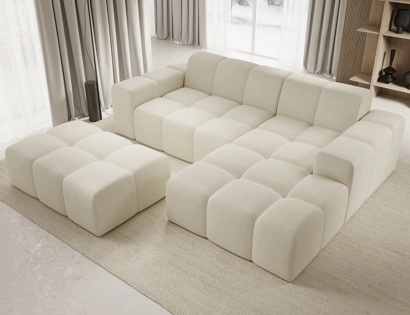 PROMETO Möbel Ecksofa L-Form mit Hocker Beige Veloursstoff - Bild 2