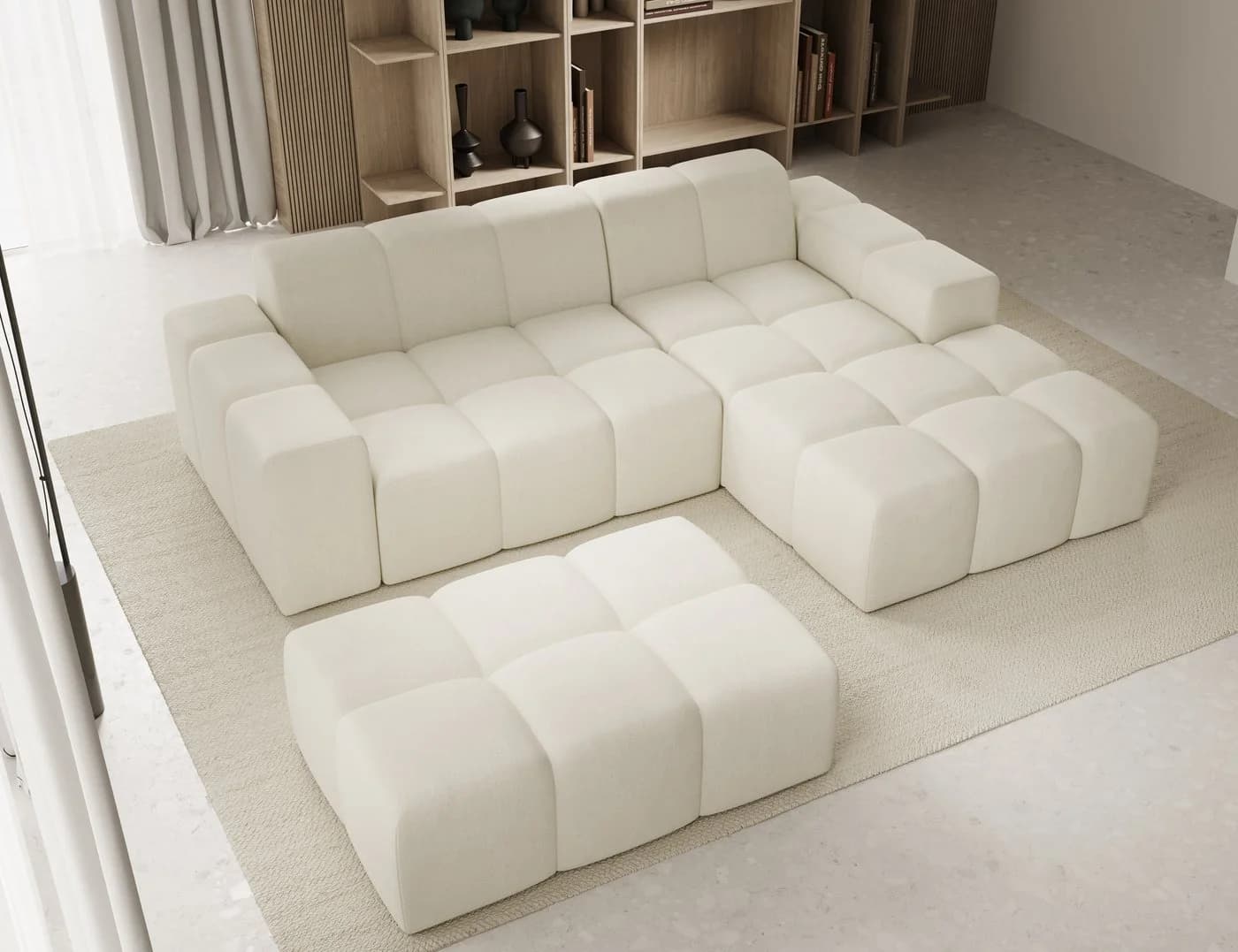 PROMETO Möbel Ecksofa L-Form mit Hocker Beige Veloursstoff - Bild 4