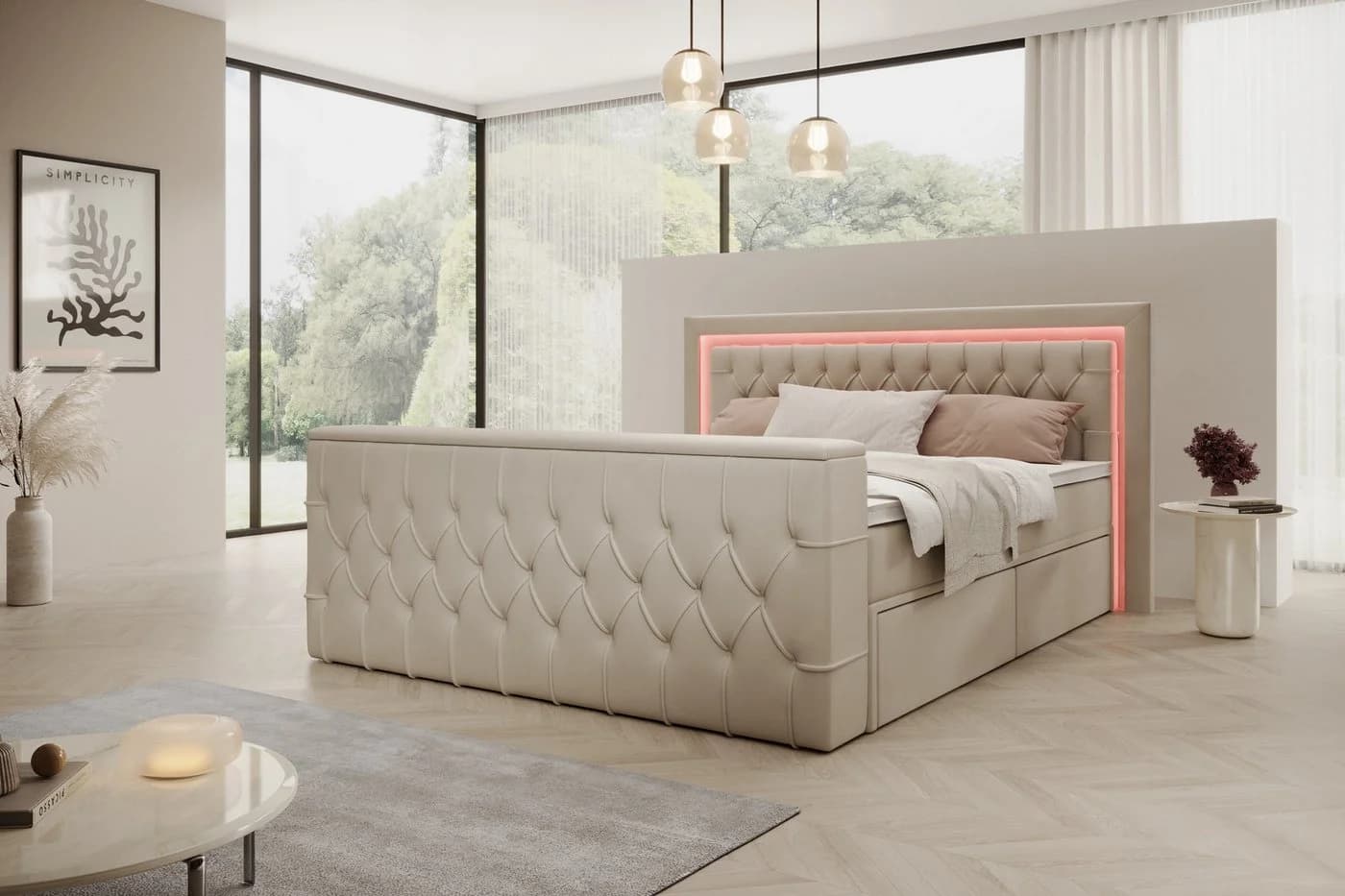 PROMETO Möbel Boxspringbett Doppelbett mit Matratze, Schubladen, TV-Lift, LED-Beleuchtung, 7-Zonen-Taschenfederkernmatratze, Topper