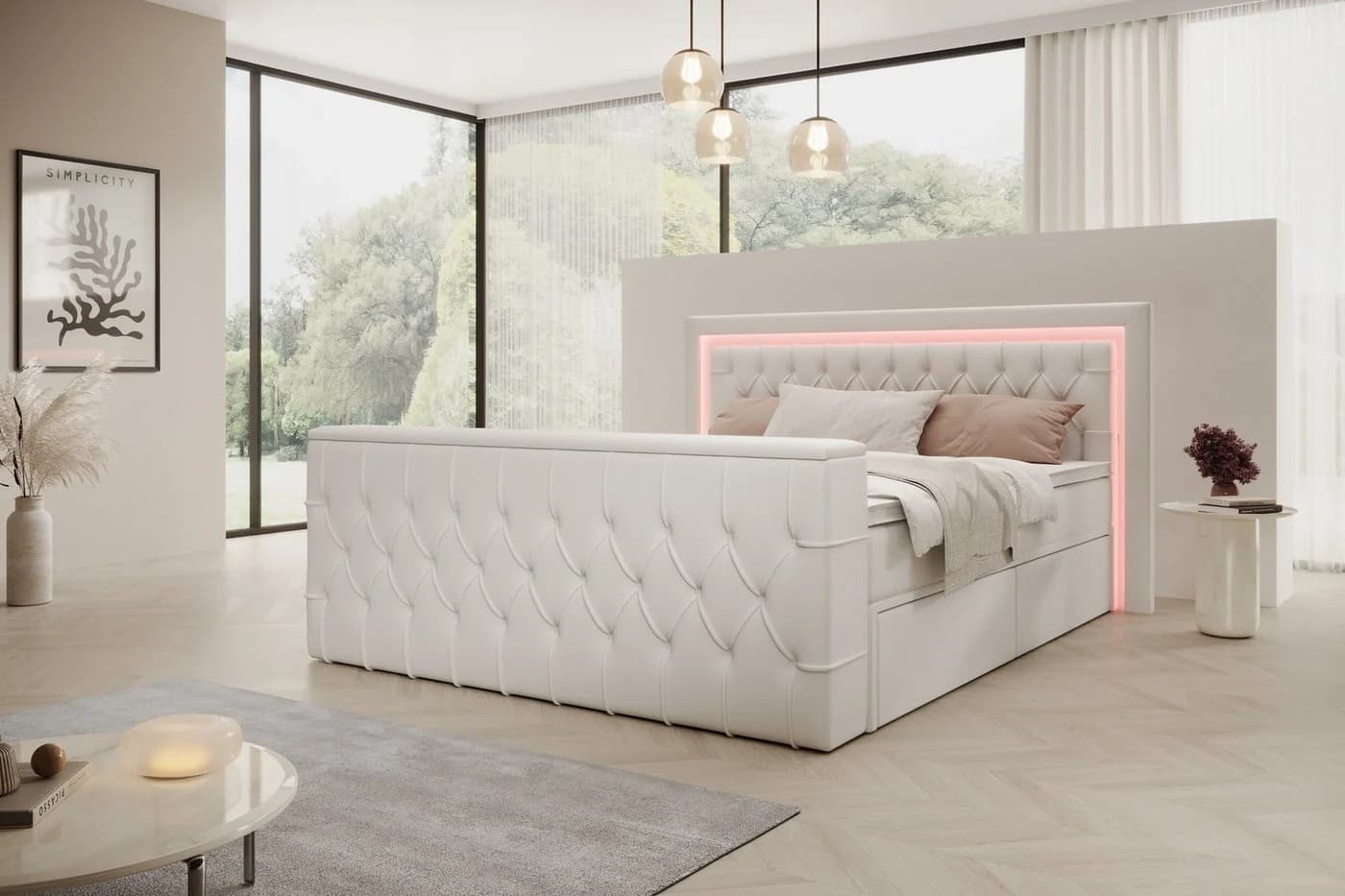 PROMETO Möbel Boxspringbett Doppelbett mit LED-Beleuchtung, TV-Lift und 7-Zonen-Taschenfederkernmatratze