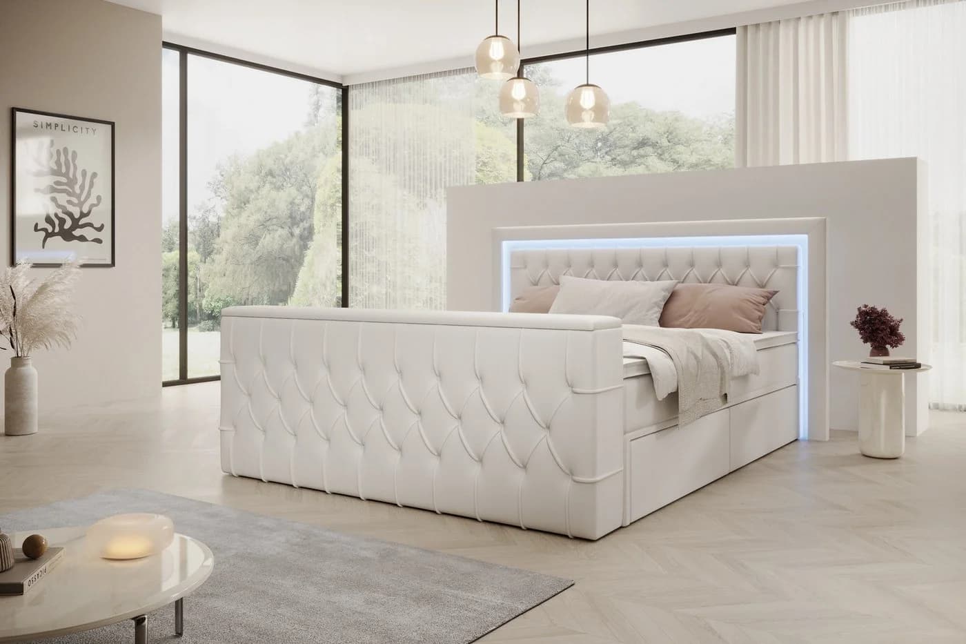 PROMETO Möbel Boxspringbett Doppelbett mit LED-Beleuchtung, TV-Lift und 7-Zonen-Taschenfederkernmatratze - Bild 2