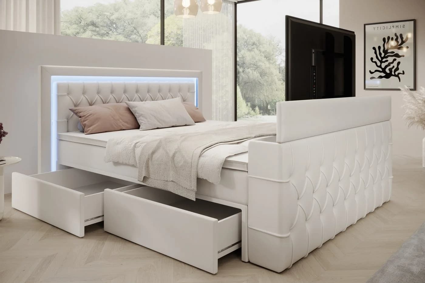 PROMETO Möbel Boxspringbett Doppelbett mit LED-Beleuchtung, TV-Lift und 7-Zonen-Taschenfederkernmatratze - Bild 4