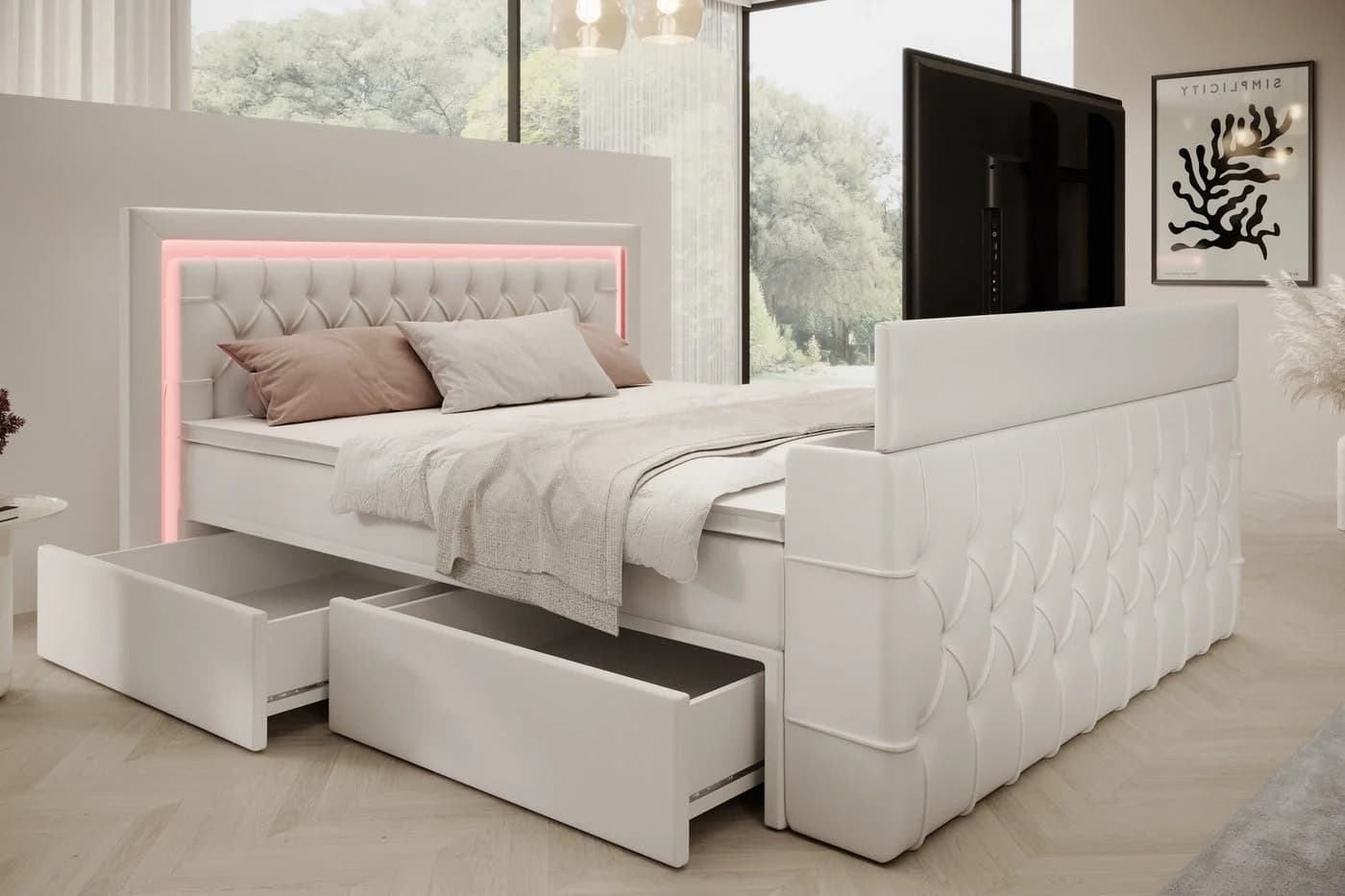 PROMETO Möbel Boxspringbett Doppelbett mit LED-Beleuchtung, TV-Lift und 7-Zonen-Taschenfederkernmatratze - Bild 5