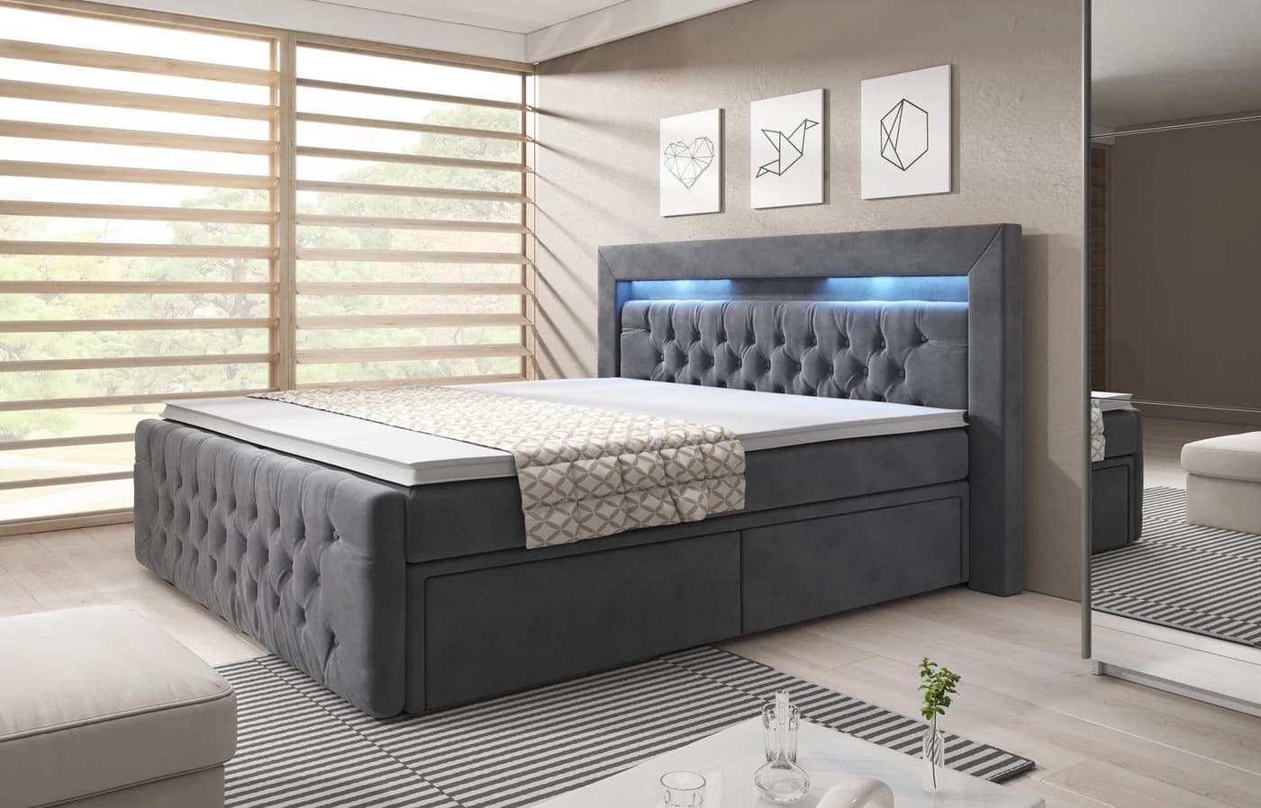 PROMETO Möbel Boxspringbett ARONA mit LED, Schubladen und Topper Grau - Bild 3