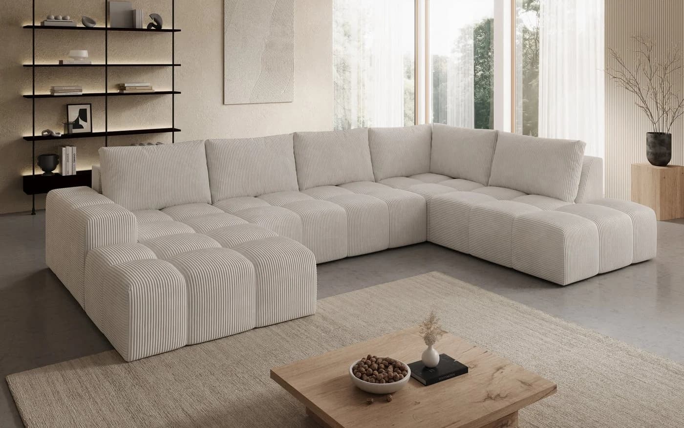 PROMETO Möbel Ecksofa U-Sofa Cord-Bezug mit 2 Ottomanen - Bild 2