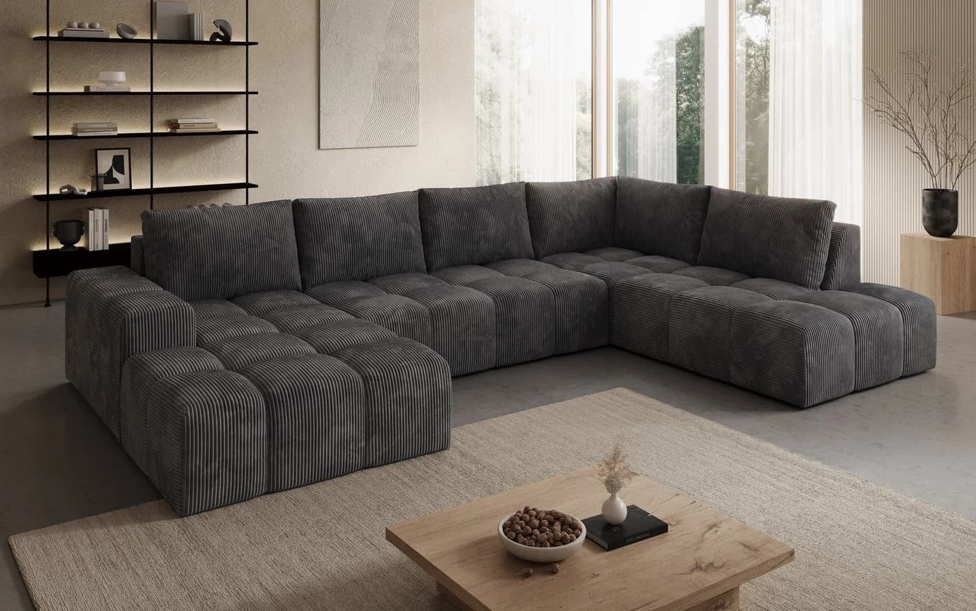 PROMETO Möbel Ecksofa U-Sofa mit 2 Ottomanen Cord-Stoff grau