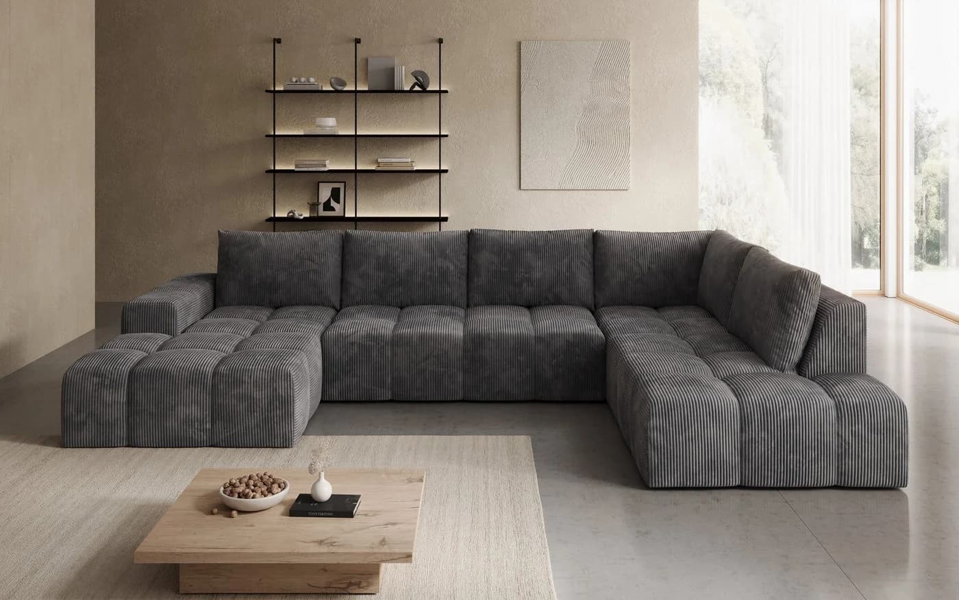 PROMETO Möbel Ecksofa U-Sofa mit 2 Ottomanen Cord-Stoff grau - Bild 2