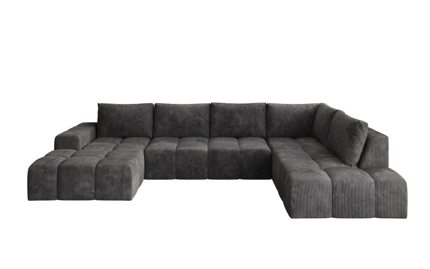 PROMETO Möbel Ecksofa U-Sofa mit 2 Ottomanen Cord-Stoff grau - Bild 3