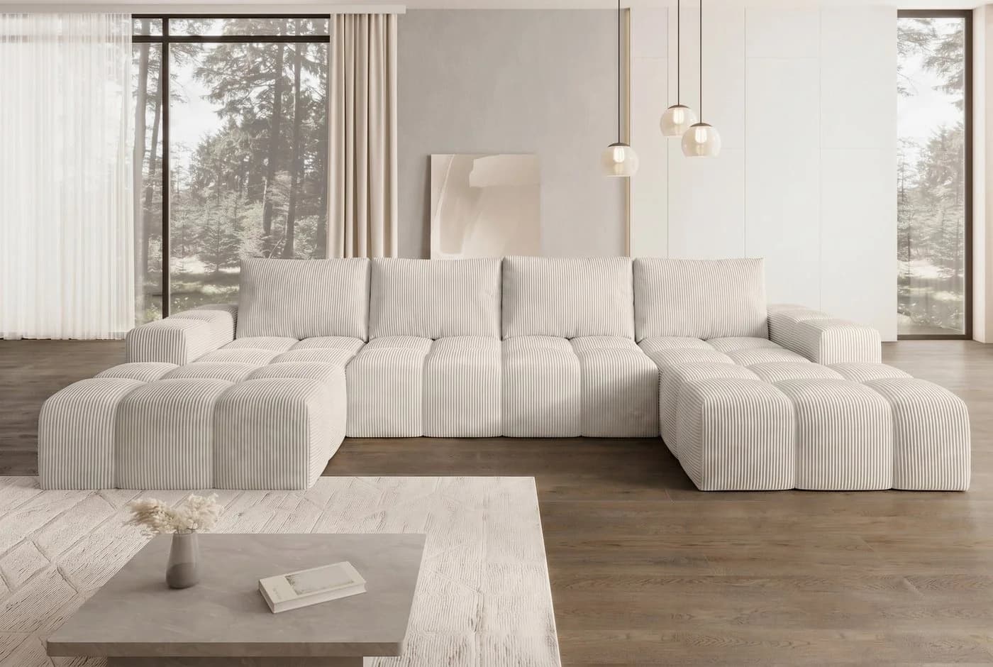 PROMETO Möbel Ecksofa U-Form Cento Teddy-Bouclé Beige