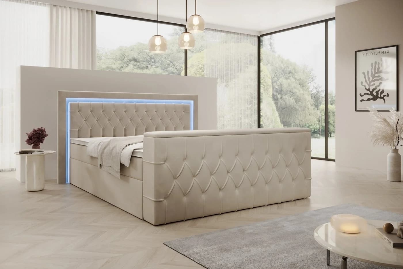 PROMETO Boxspringbett Lagos mit TV-Lift, LED & Stauraum Beige - Bild 2