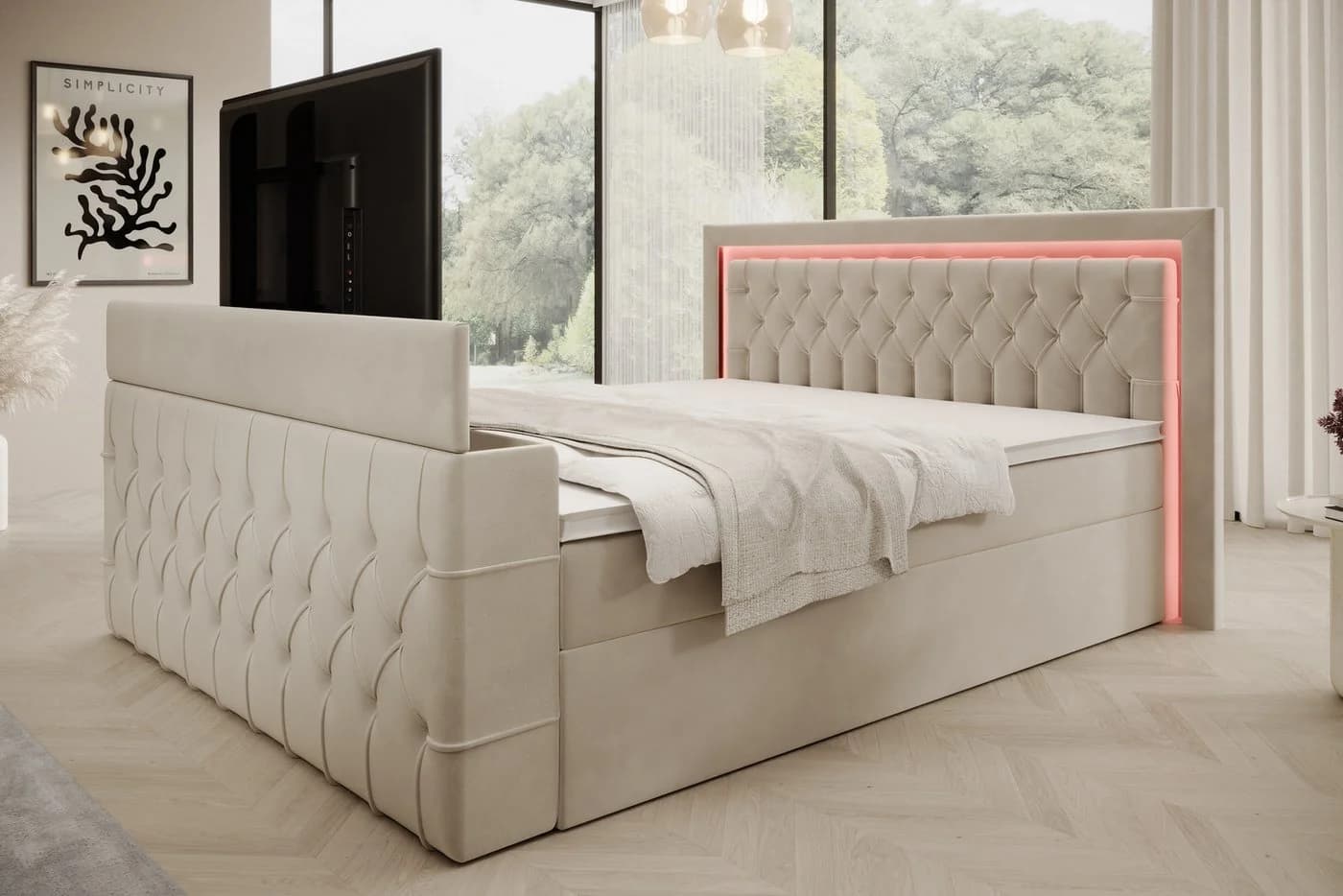 PROMETO Boxspringbett Lagos mit TV-Lift, LED & Stauraum Beige - Bild 3
