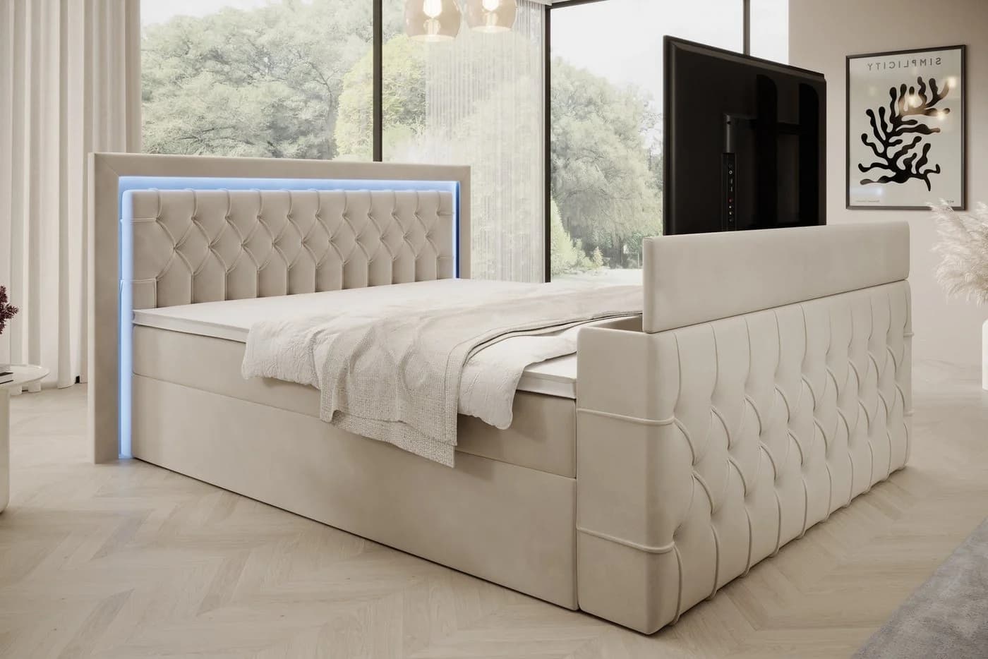 PROMETO Boxspringbett Lagos mit TV-Lift, LED & Stauraum Beige - Bild 4