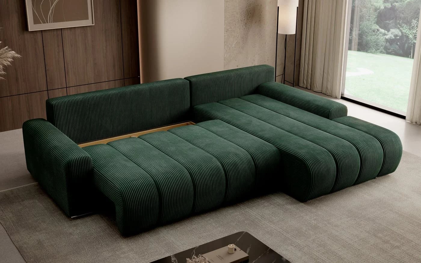 PROMETO Ecksofa Porto L mit Schlaffunktion und Bettkasten L-Form Grün - Bild 5