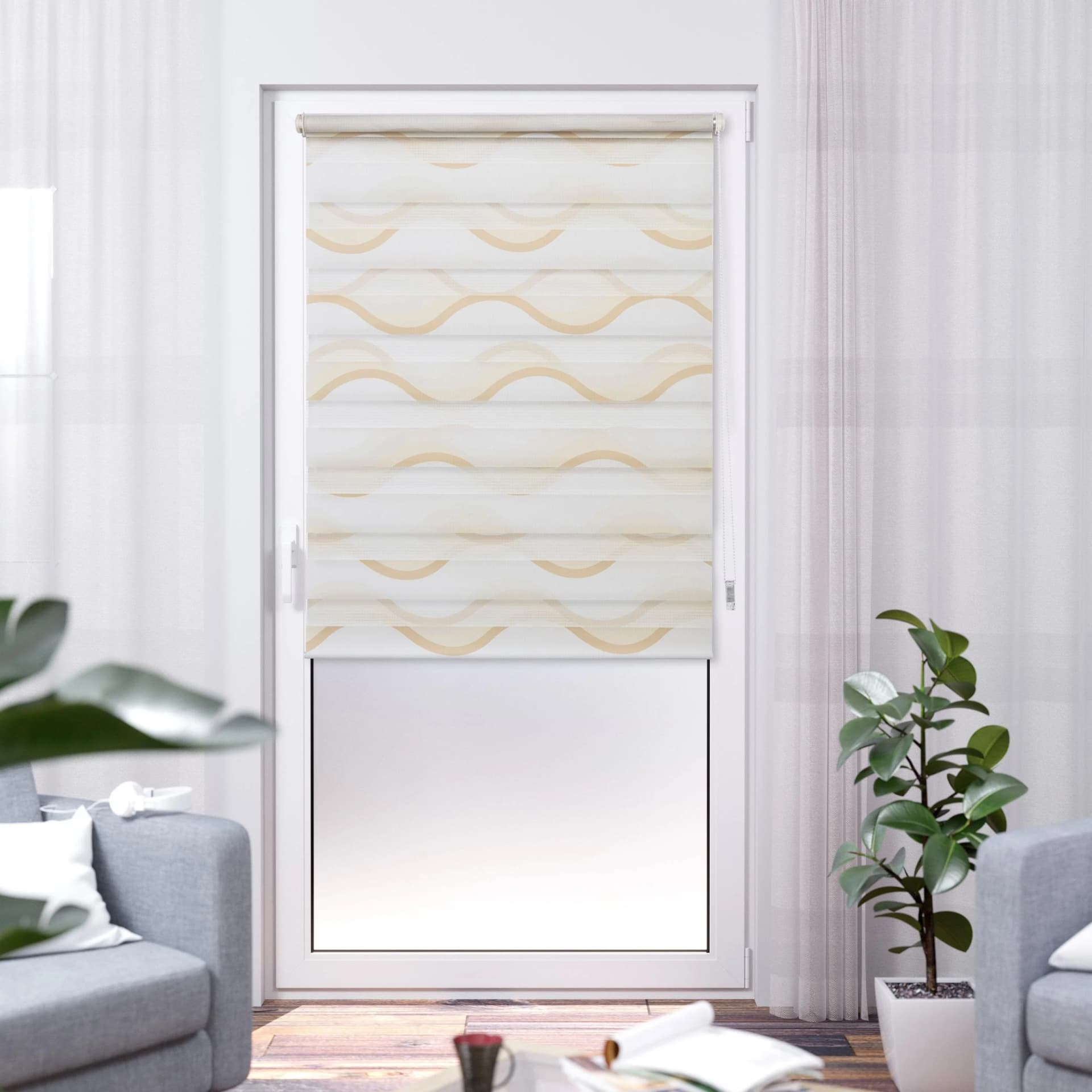 K-Home Doppelrollo Wellen Design Beige Weiß