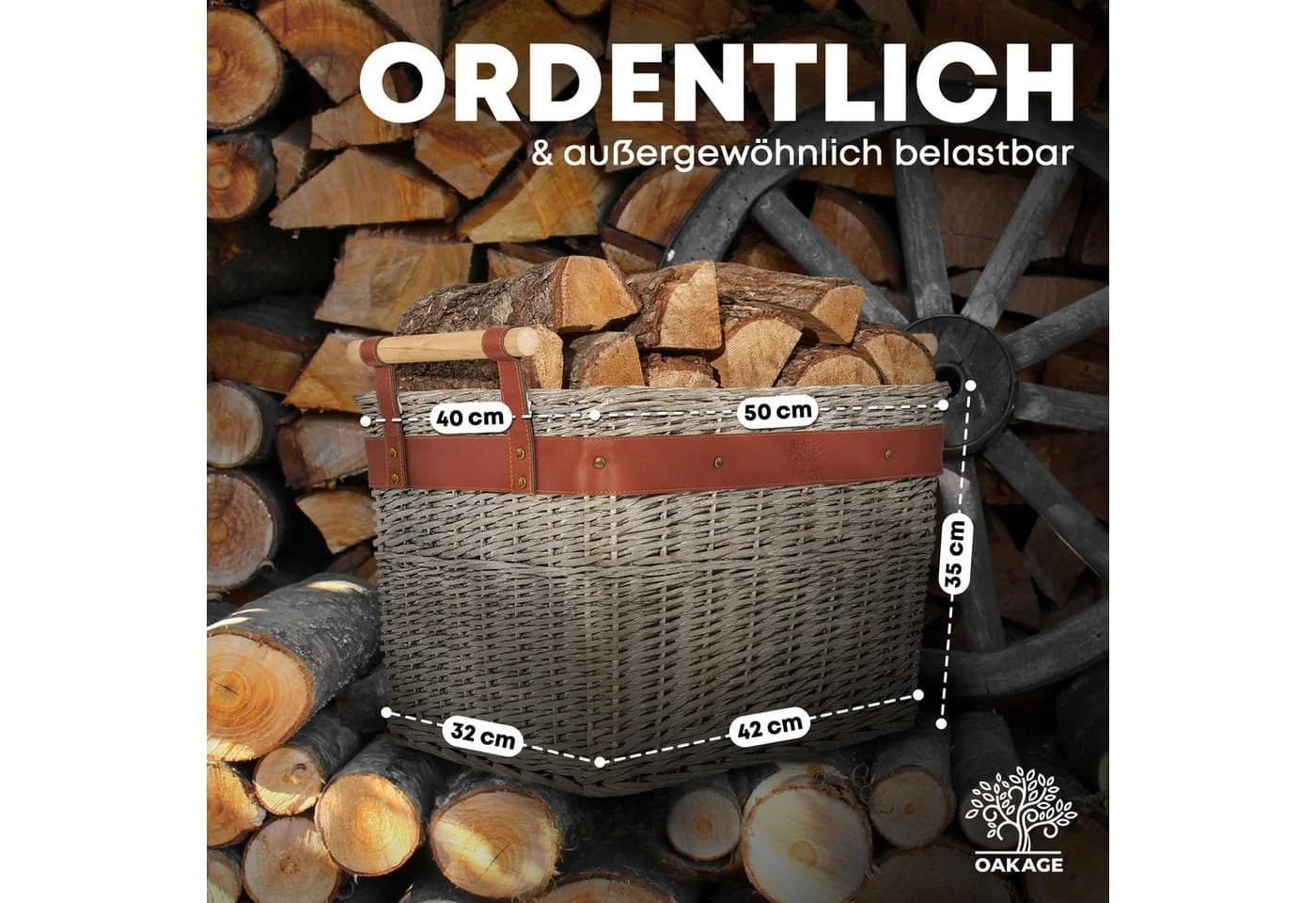 OAKAGE Kaminholzkorb Weidenkorb Grau mit schmutzabweisendem Futter