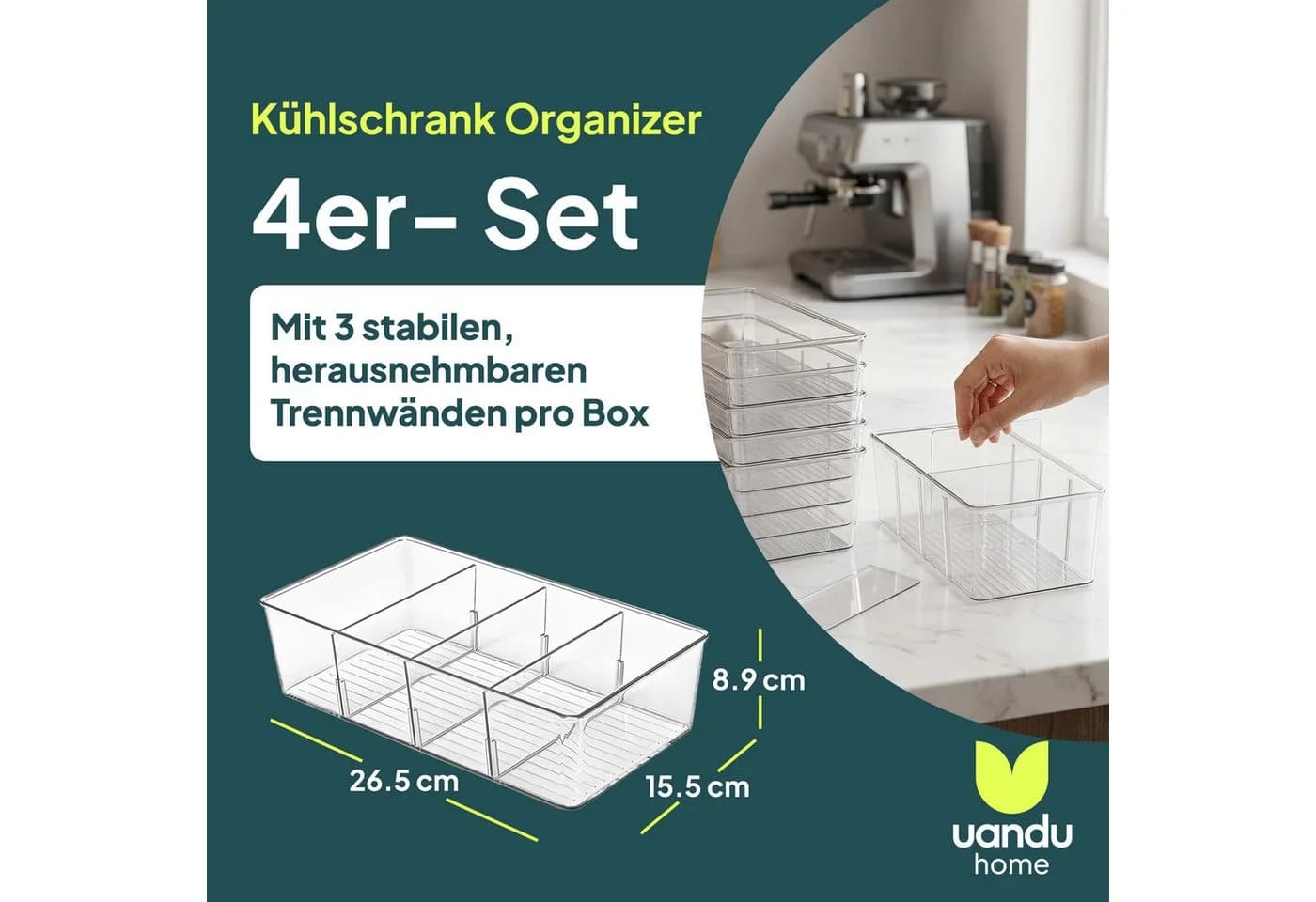 uandu home Kühlschrank Organizer 4er Set Transparent Stapelbar