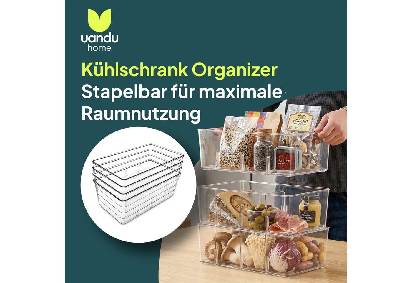 uandu home Kühlschrank Organizer 4er Set Transparent Stapelbar - Bild 3