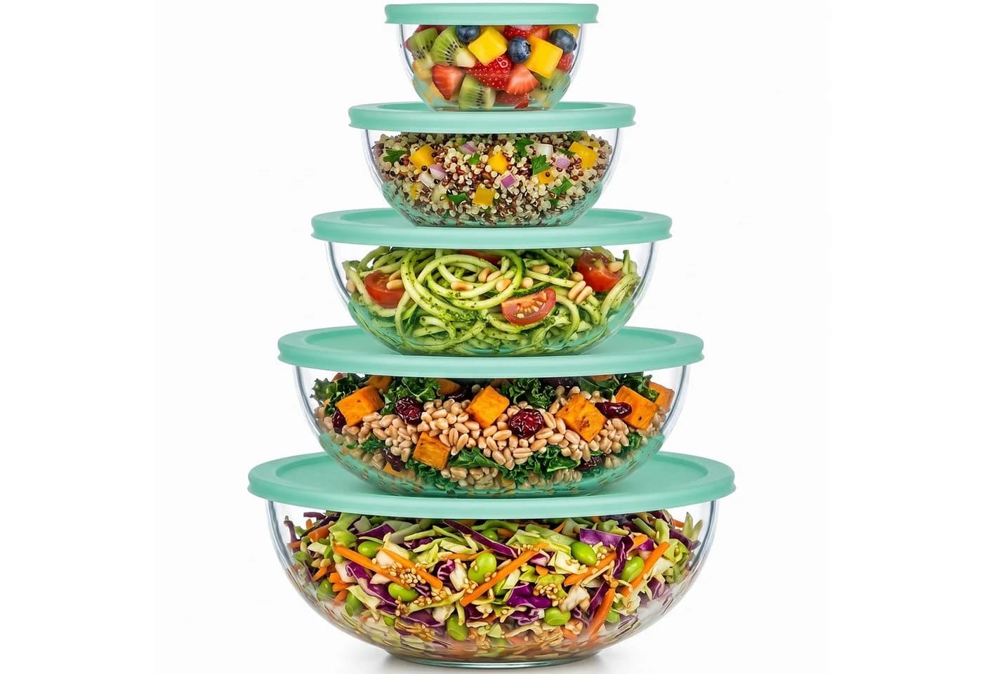 uandu home 5er Glas-Salatschüssel Set mit Deckel BPA-frei Stapelbar - Bild 2