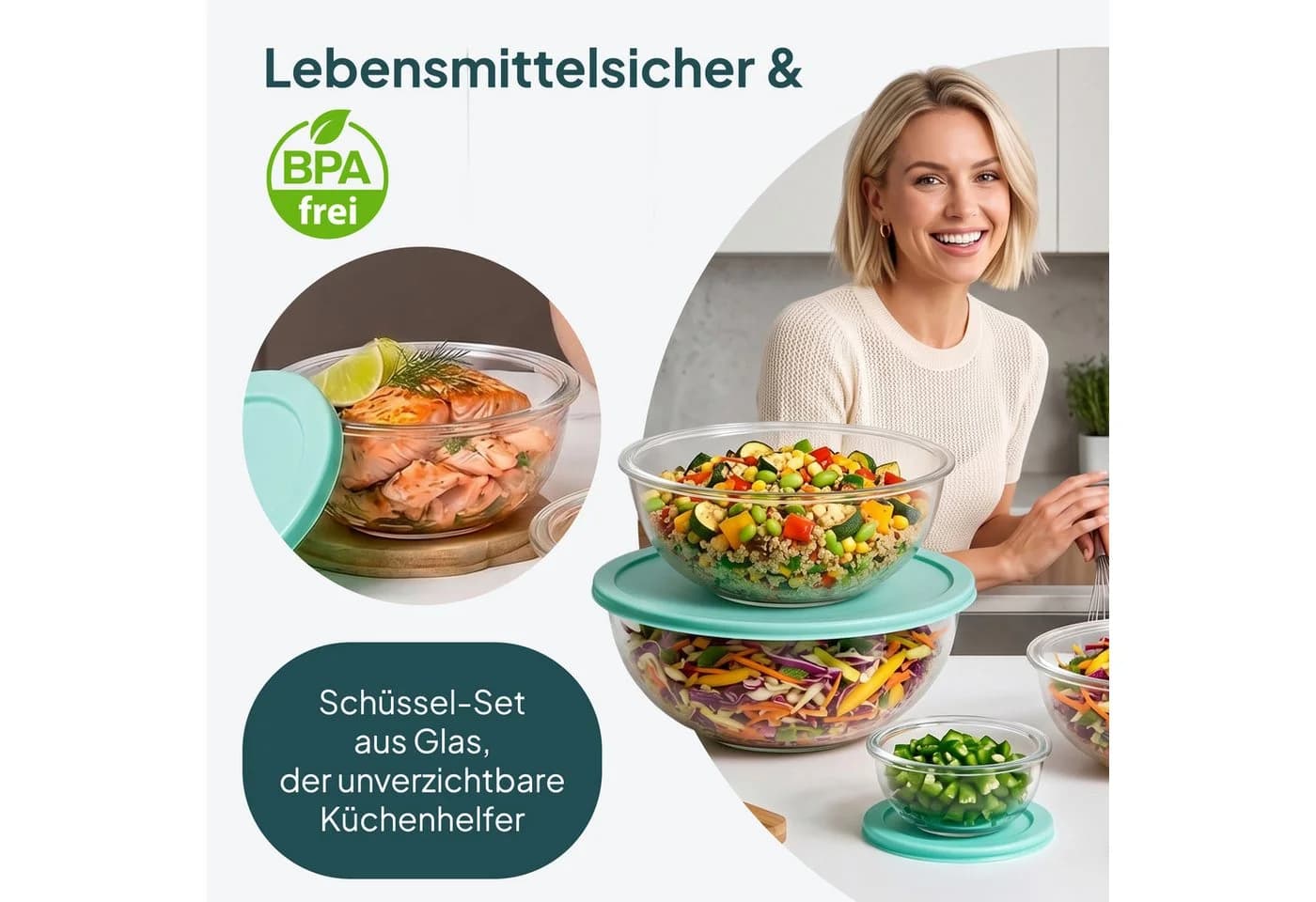 uandu home 5er Glas-Salatschüssel Set mit Deckel BPA-frei Stapelbar - Bild 3