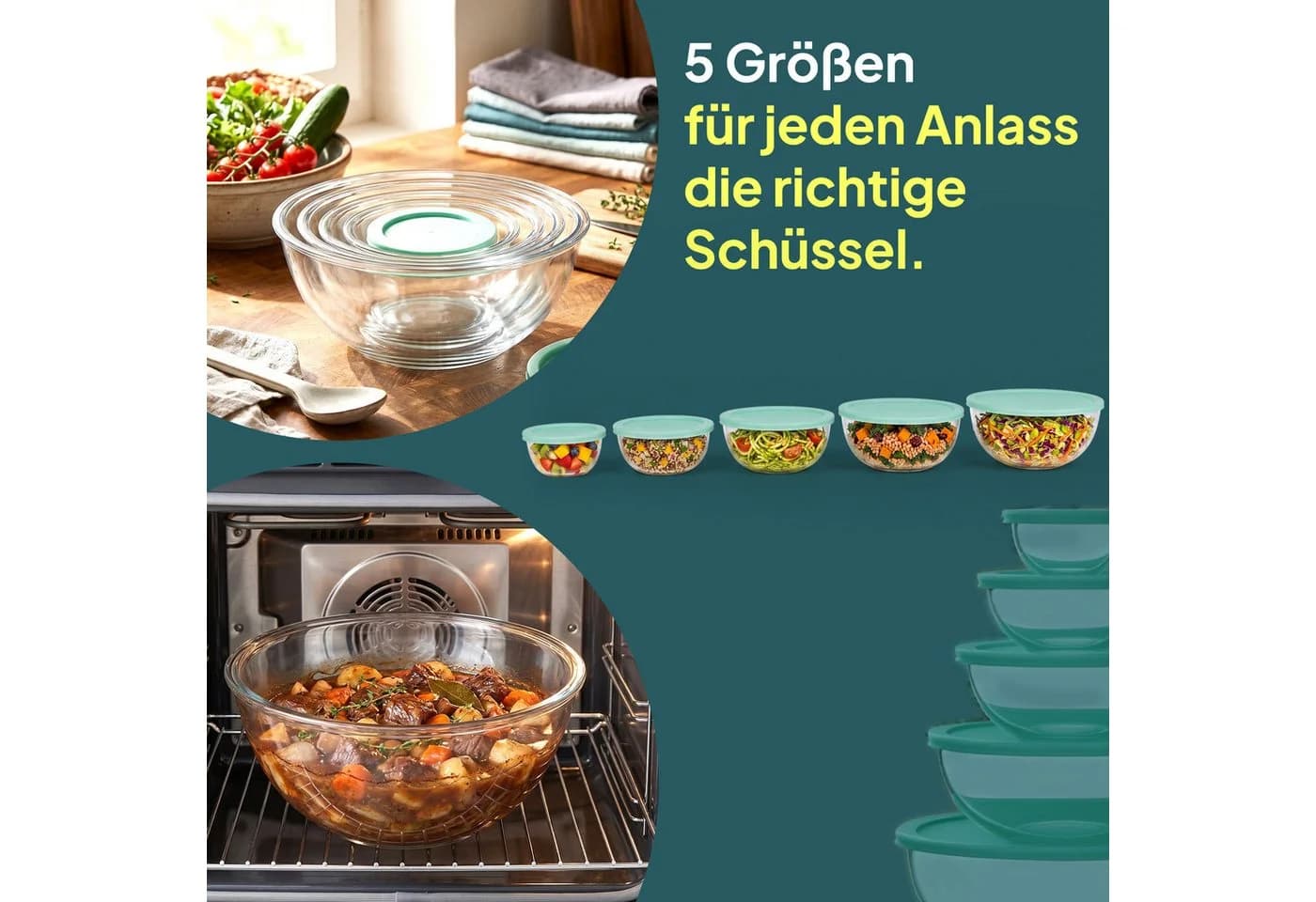 uandu home 5er Glas-Salatschüssel Set mit Deckel BPA-frei Stapelbar - Bild 5