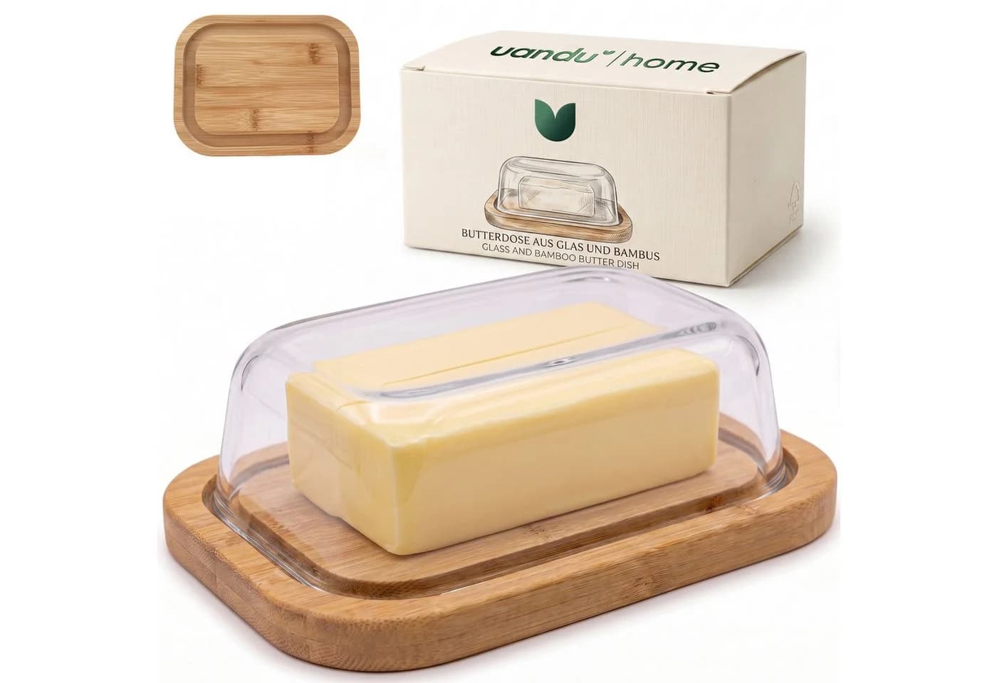 uandu home Butterdose Glas & Bambus – Luftdichte Butterglocke für 250g - Bild 2