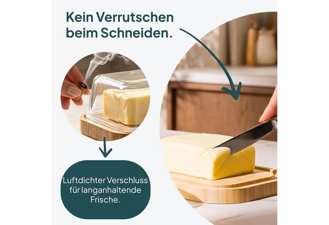 uandu home Butterdose Glas & Bambus – Luftdichte Butterglocke für 250g - Bild 3
