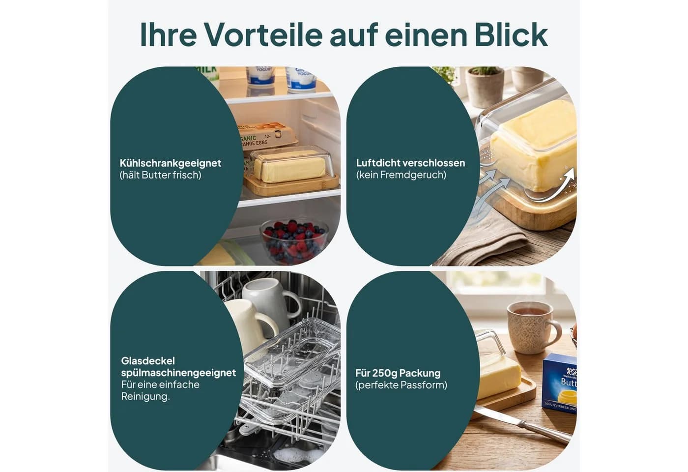 uandu home Butterdose Glas & Bambus – Luftdichte Butterglocke für 250g - Bild 4