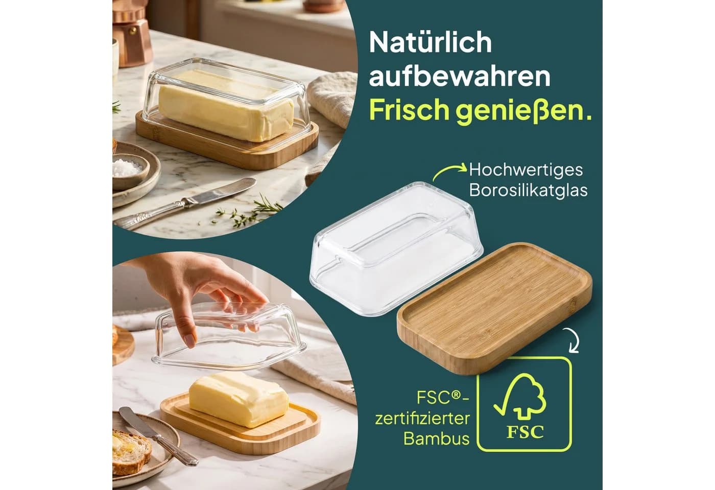 uandu home Butterdose Glas & Bambus – Luftdichte Butterglocke für 250g - Bild 5