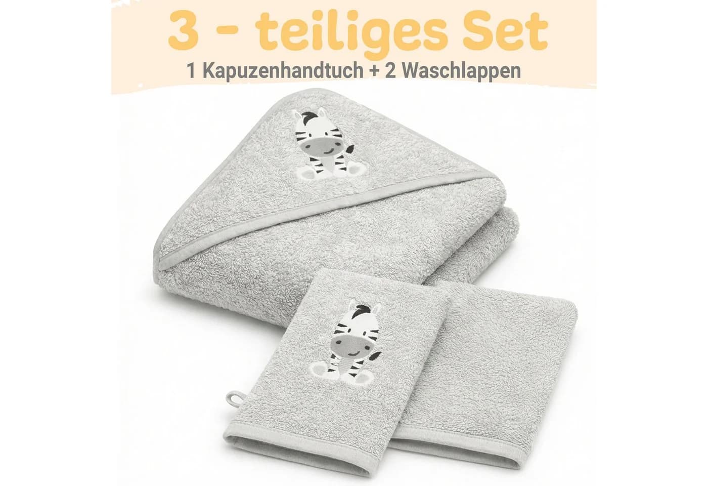 Babykajo Kapuzenhandtuch Grau mit Tiermotiv & Waschlappen