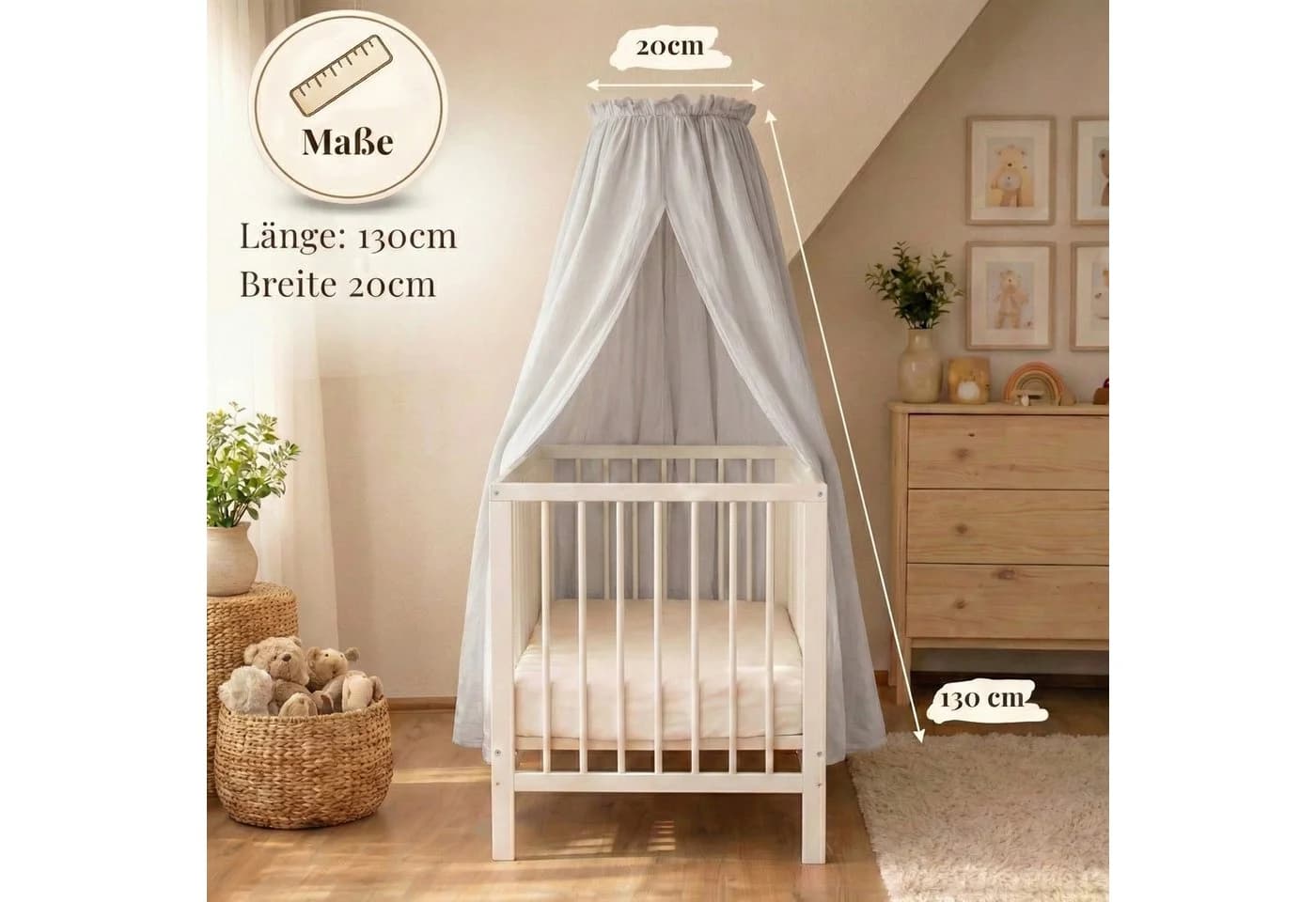 Babykajo Betthimmel Stoff + Ständer Creme/Grau Musselin