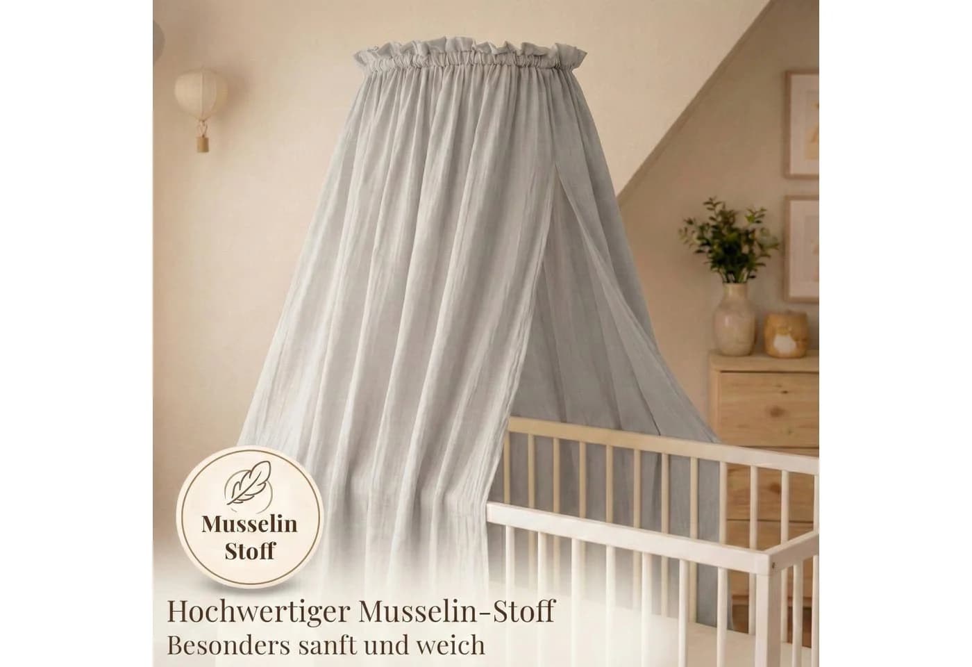 Babykajo Betthimmel Stoff + Ständer Creme/Grau Musselin - Bild 4