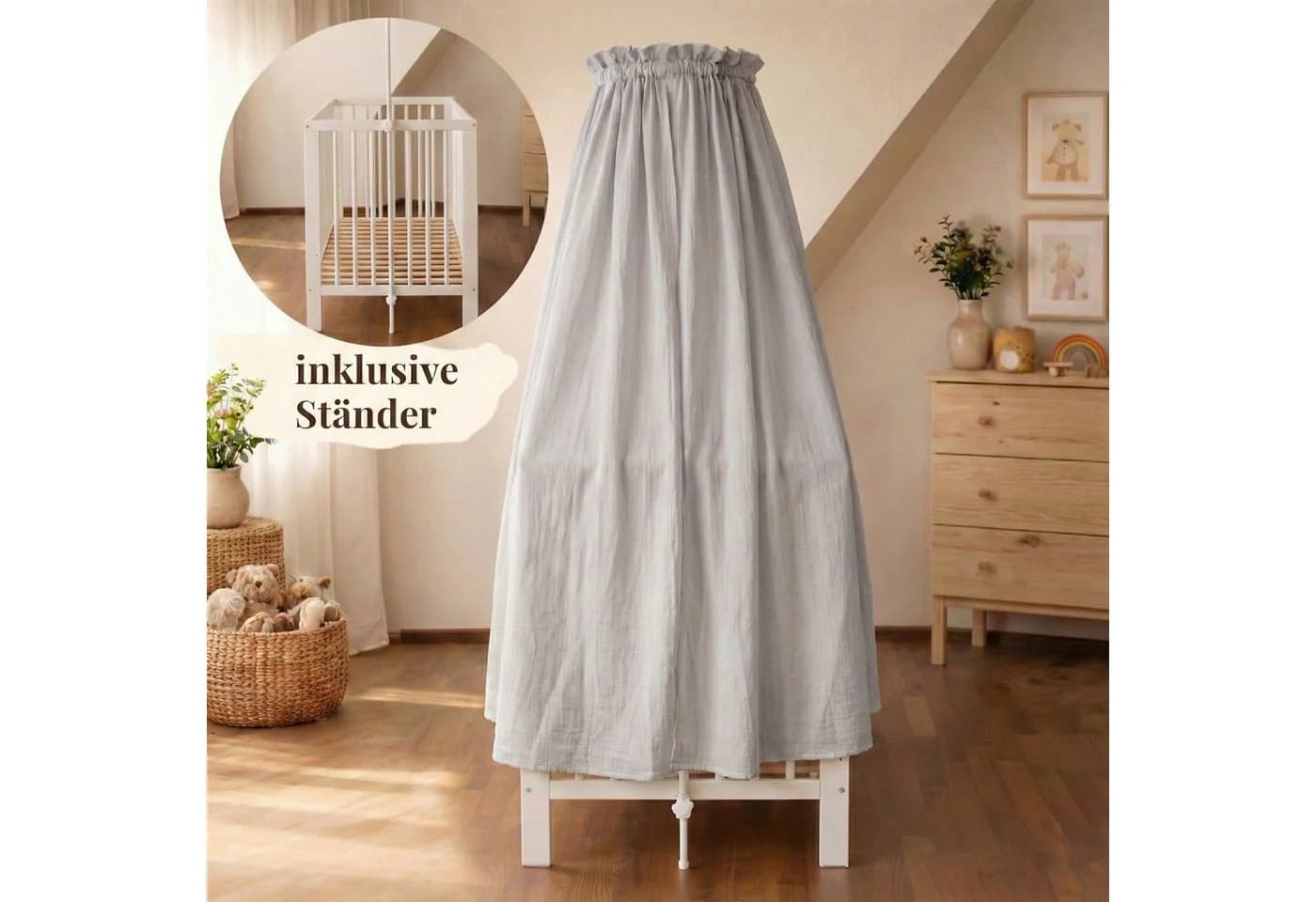 Babykajo Betthimmel Stoff + Ständer Creme/Grau Musselin - Bild 5