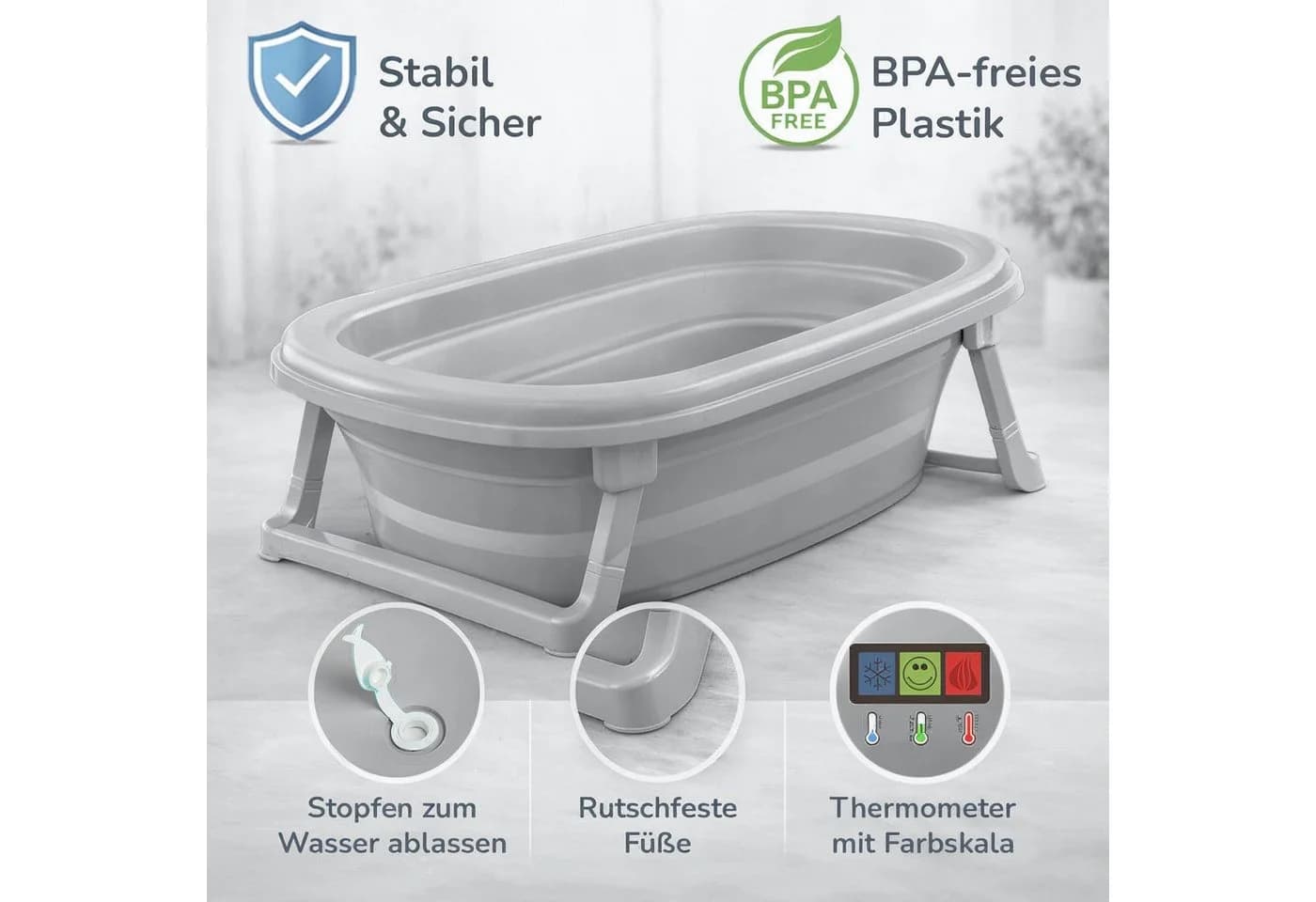 Babykajo Babybadewanne faltbar mit Thermometer und Abfluss