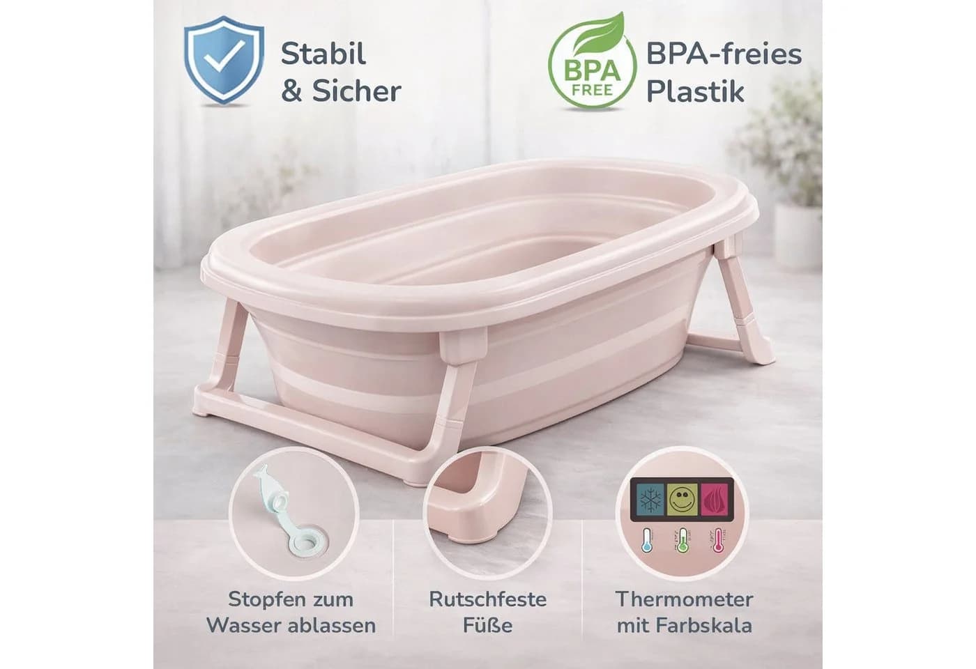 Babykajo Babybadewanne Faltbar mit Thermometer hellrosa