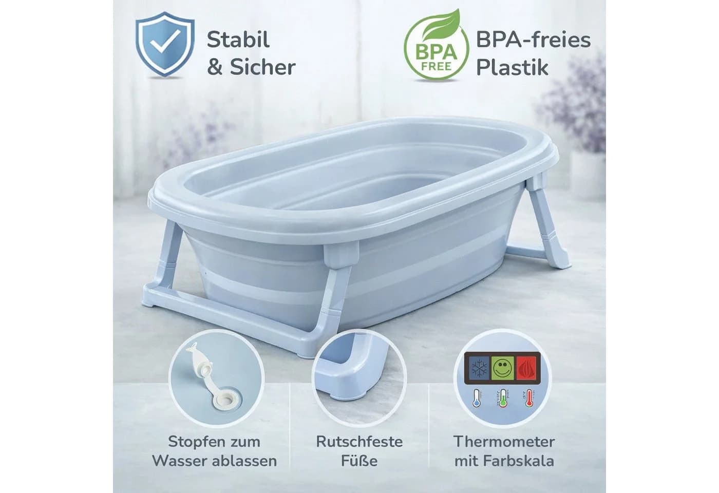 Babykajo Faltbare Babybadewanne hellblau mit Thermometer