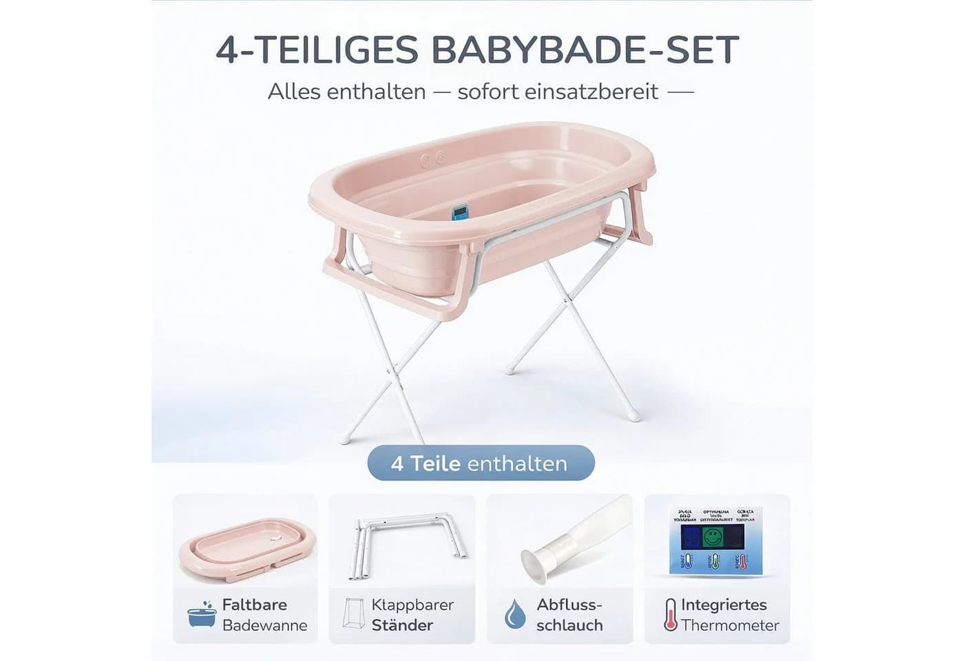 Babykajo Babybadewanne 4-tlg. Rosa Faltbar mit Ständer
