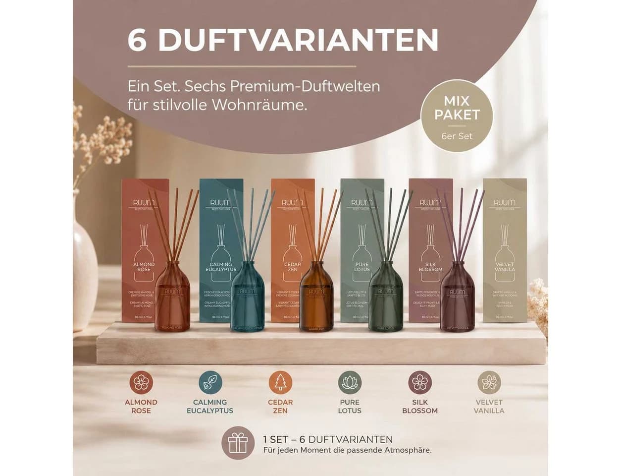 RUUM Duftstäbchen 6er Set Glasvase Rattanstäbchen Mix