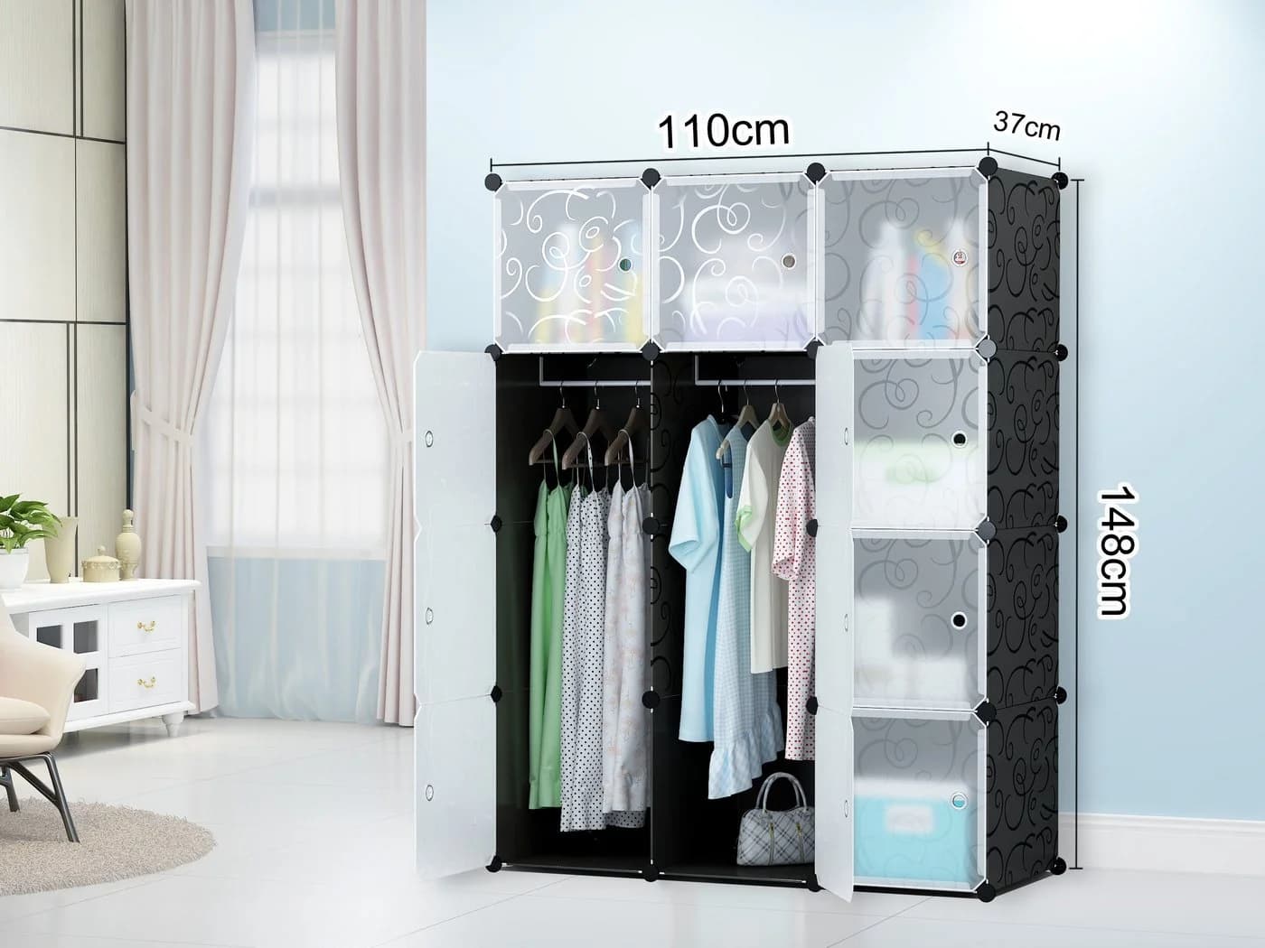 Home Collective Kleiderschrank Modular Schwarz 6 Regale 2 Kleiderstangen
