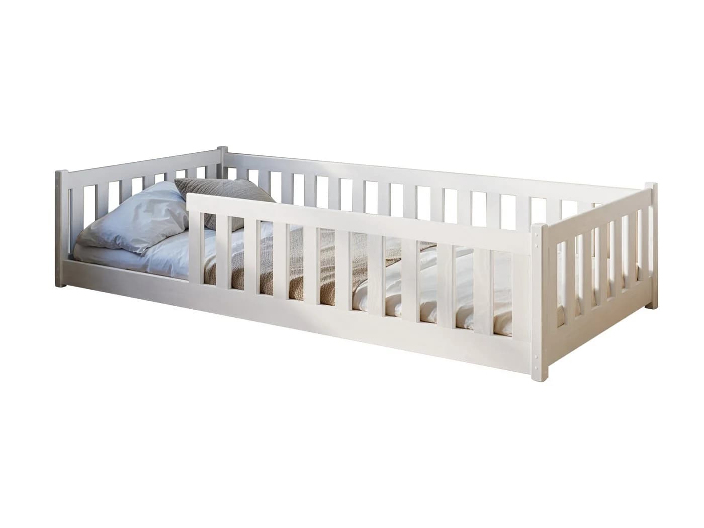 Kids Collective Kinderbett Bodenbett Weiß Kiefer mit Rausfallschutz & Matratze