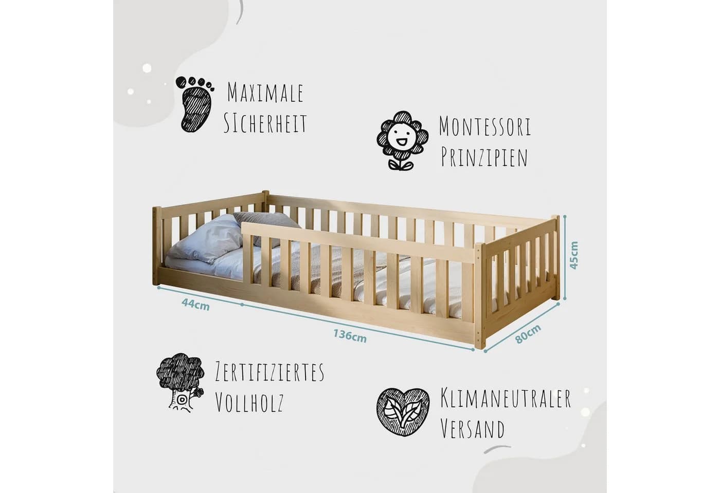 Kids Collective Montessori Bodenbett Kiefer Natur mit Rausfallschutz - Bild 5