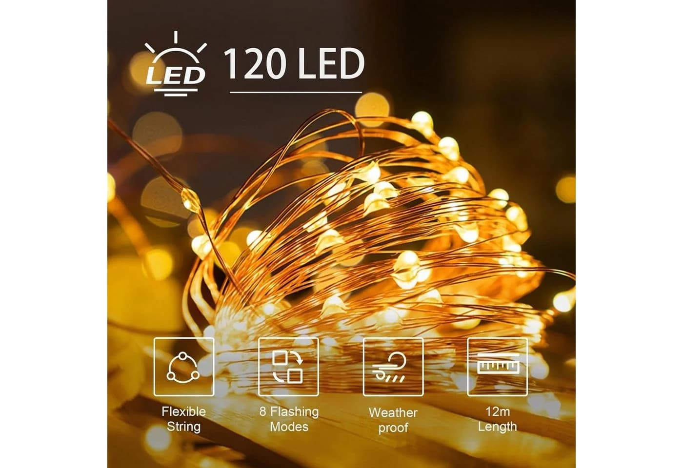 LQWELL Solar Lichterkette 2er Set 12m 120 LEDs Warmweiß Kupferdraht
