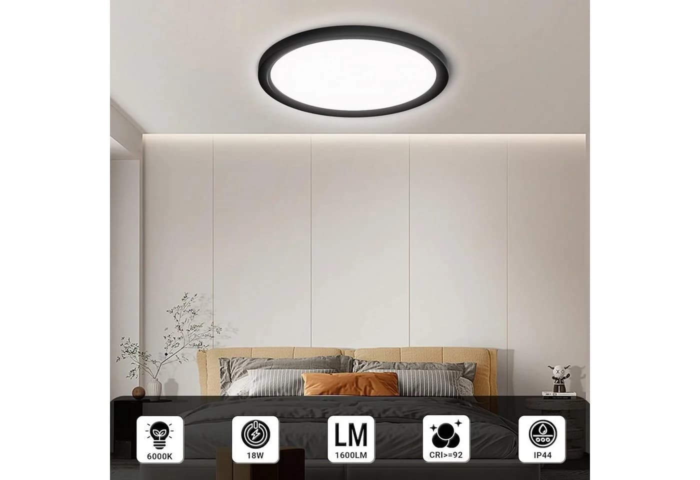 LQWELL LED Deckenleuchte Rund Schwarz IP44 Wasserdicht 18W - Bild 3