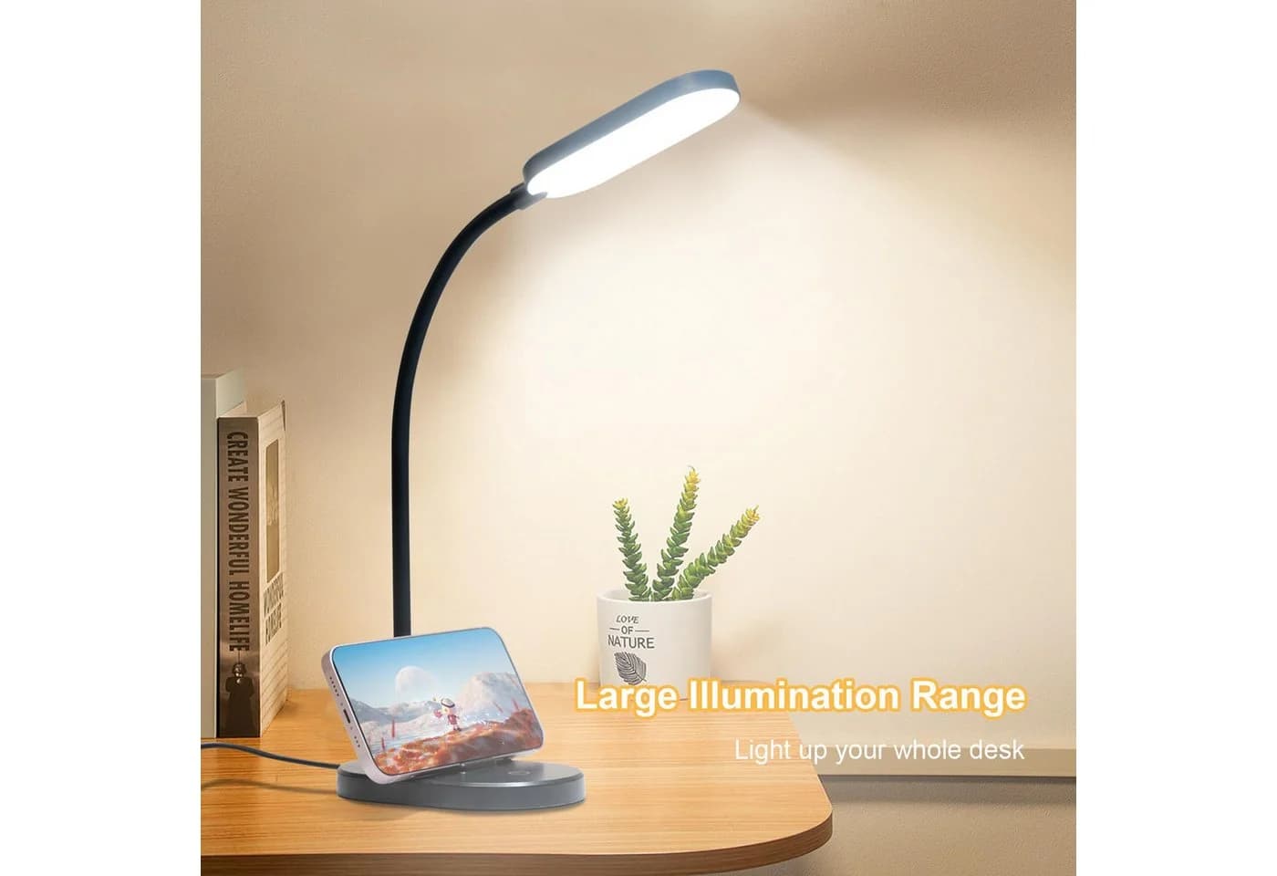 LQWELL Schreibtischlampe Schwarz LED mit Handy-Ständer