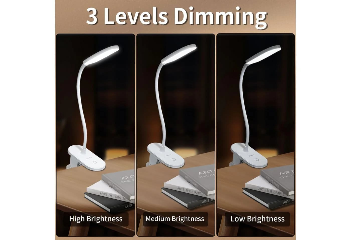 LQWELL LED Leselampe mit Clip, 3 Helligkeitsstufen, Weiß