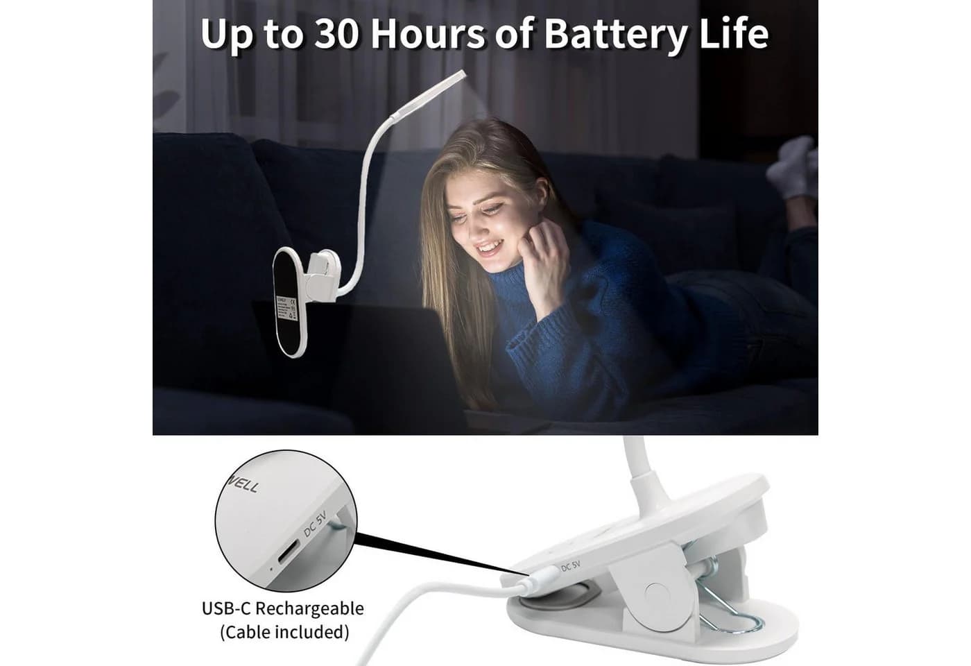 LQWELL LED Leselampe mit Clip, 3 Helligkeitsstufen, Weiß - Bild 4