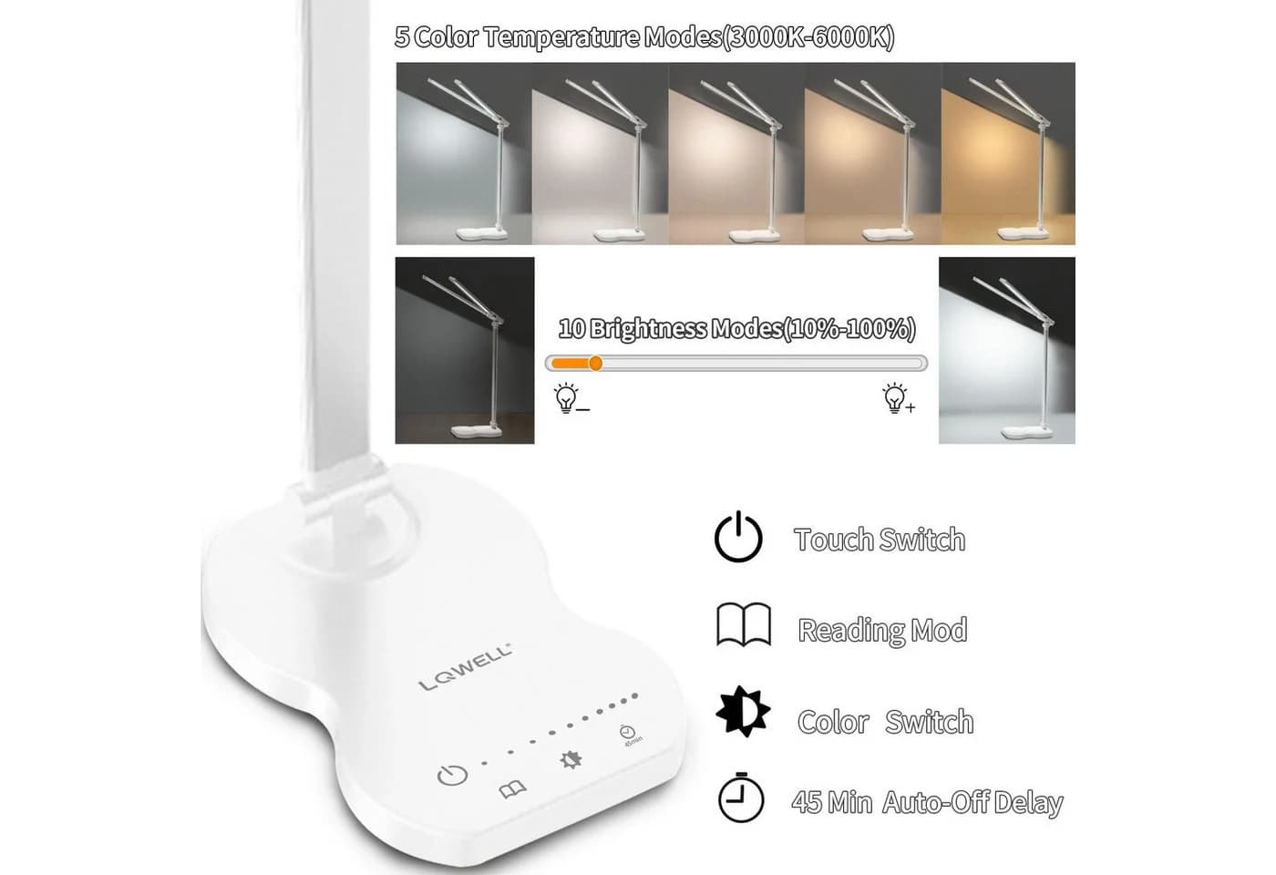 LQWELL Doppelkopf Schreibtischlampe LED Dimmbar Weiß Touch-Steuerung
